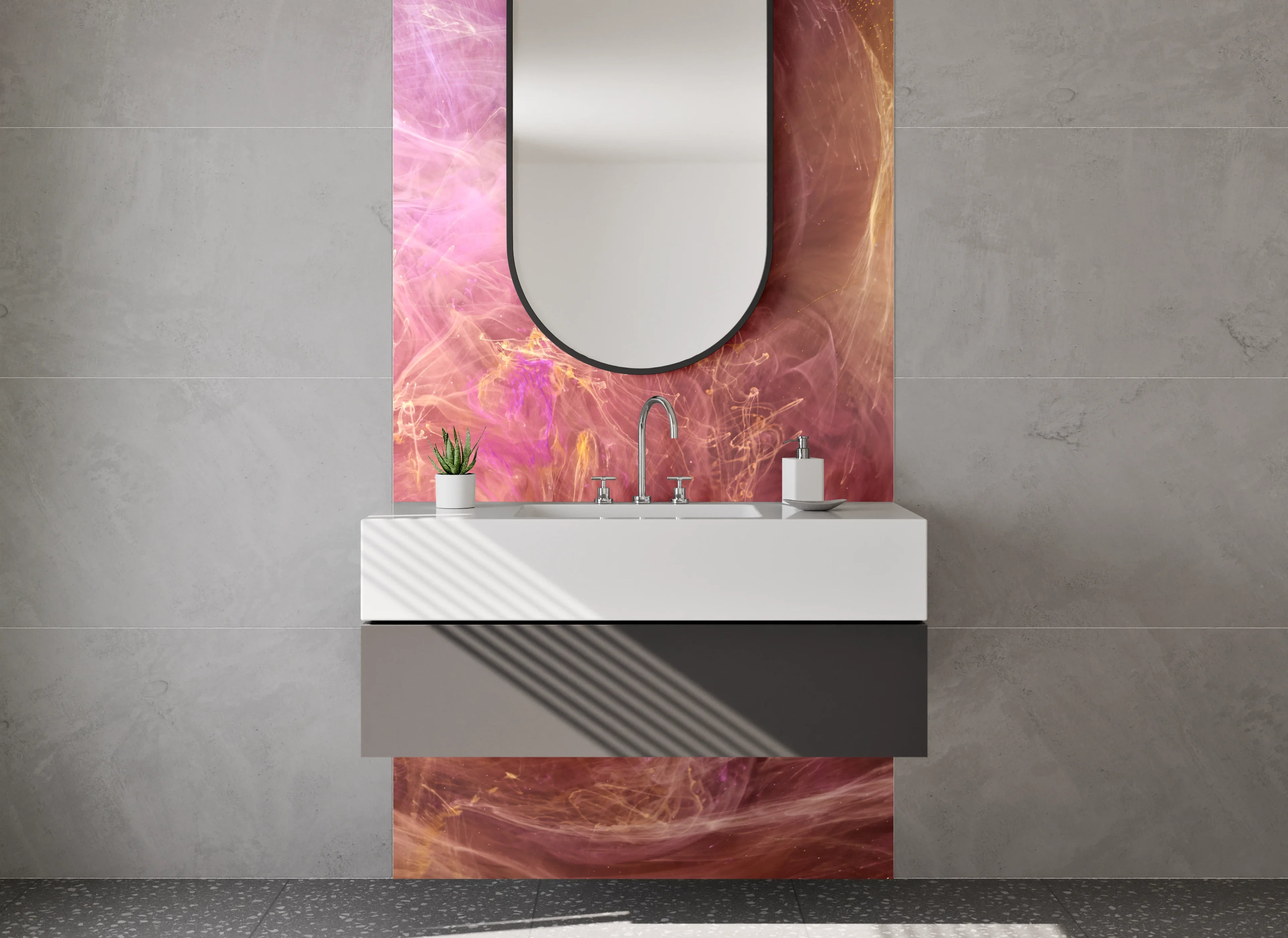 Waschbecken-Rückwand - Abstrakte Farbwolken Rosa Lila Gold