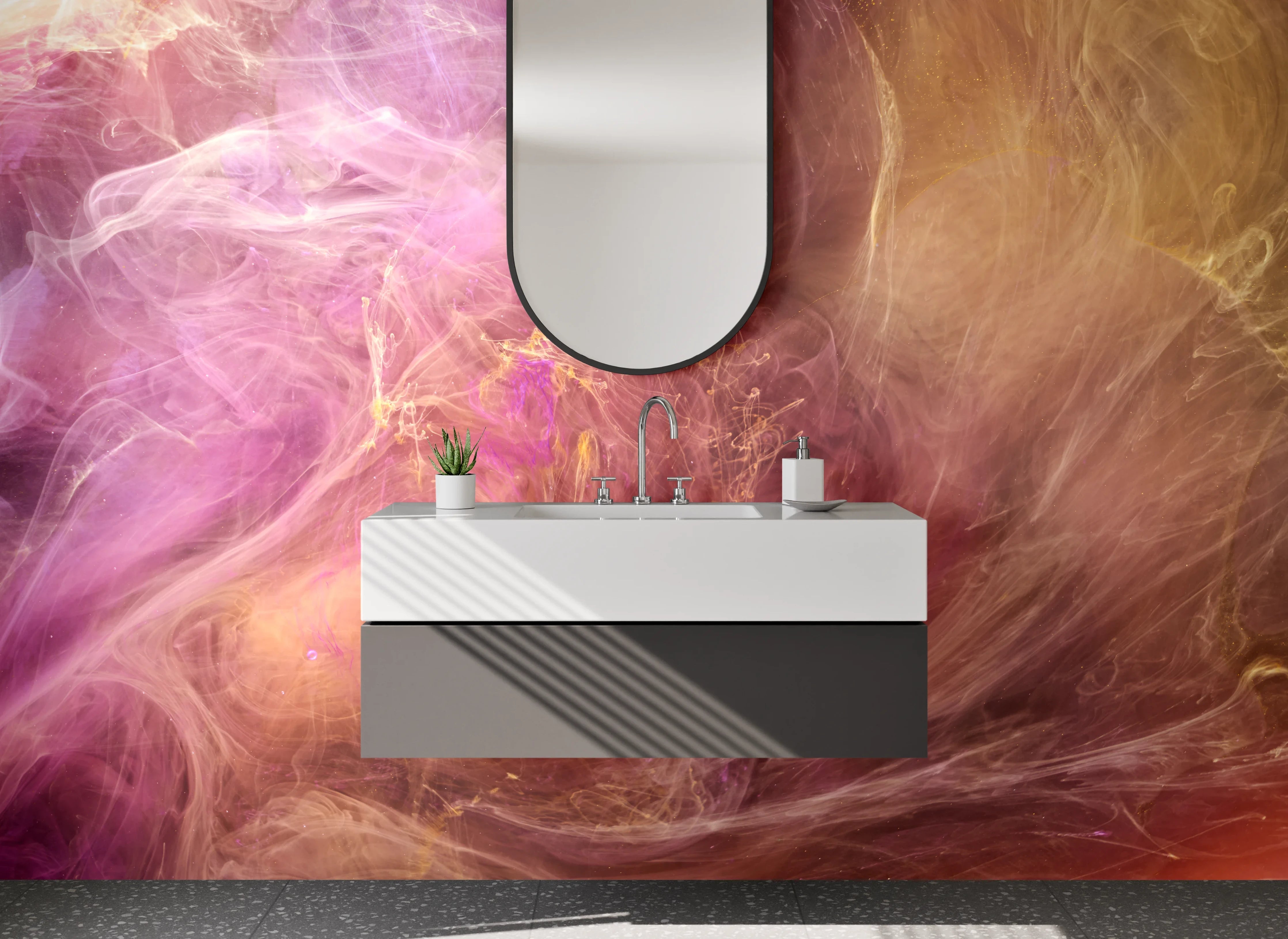 Waschbecken-Rückwand - Abstrakte Farbwolken Rosa Lila Gold