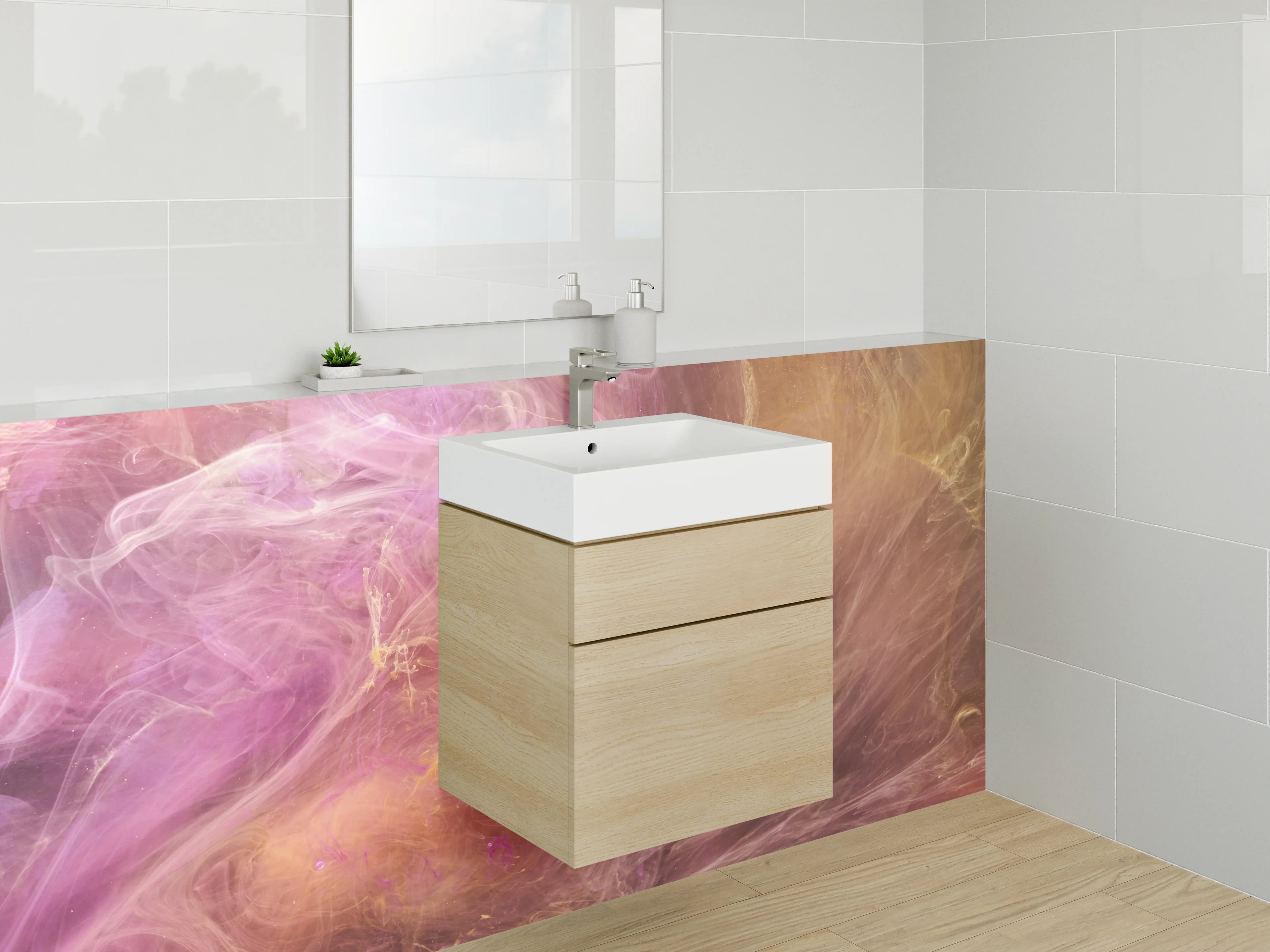 Waschbecken-Rückwand - Abstrakte Farbwolken Rosa Lila Gold