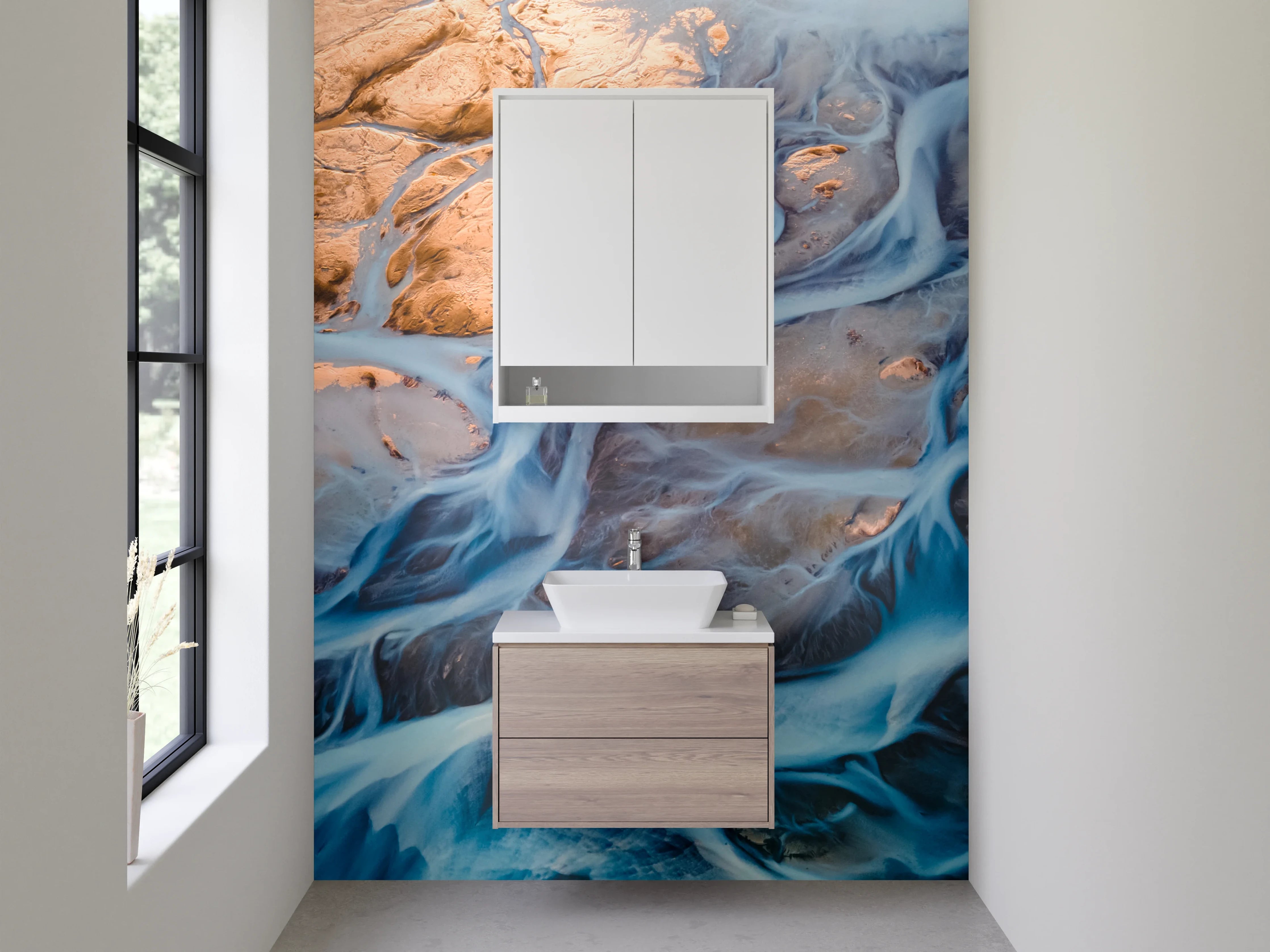 Waschbecken-Rückwand - Abstrakte Flusslandschaft in Blau und Kupfer