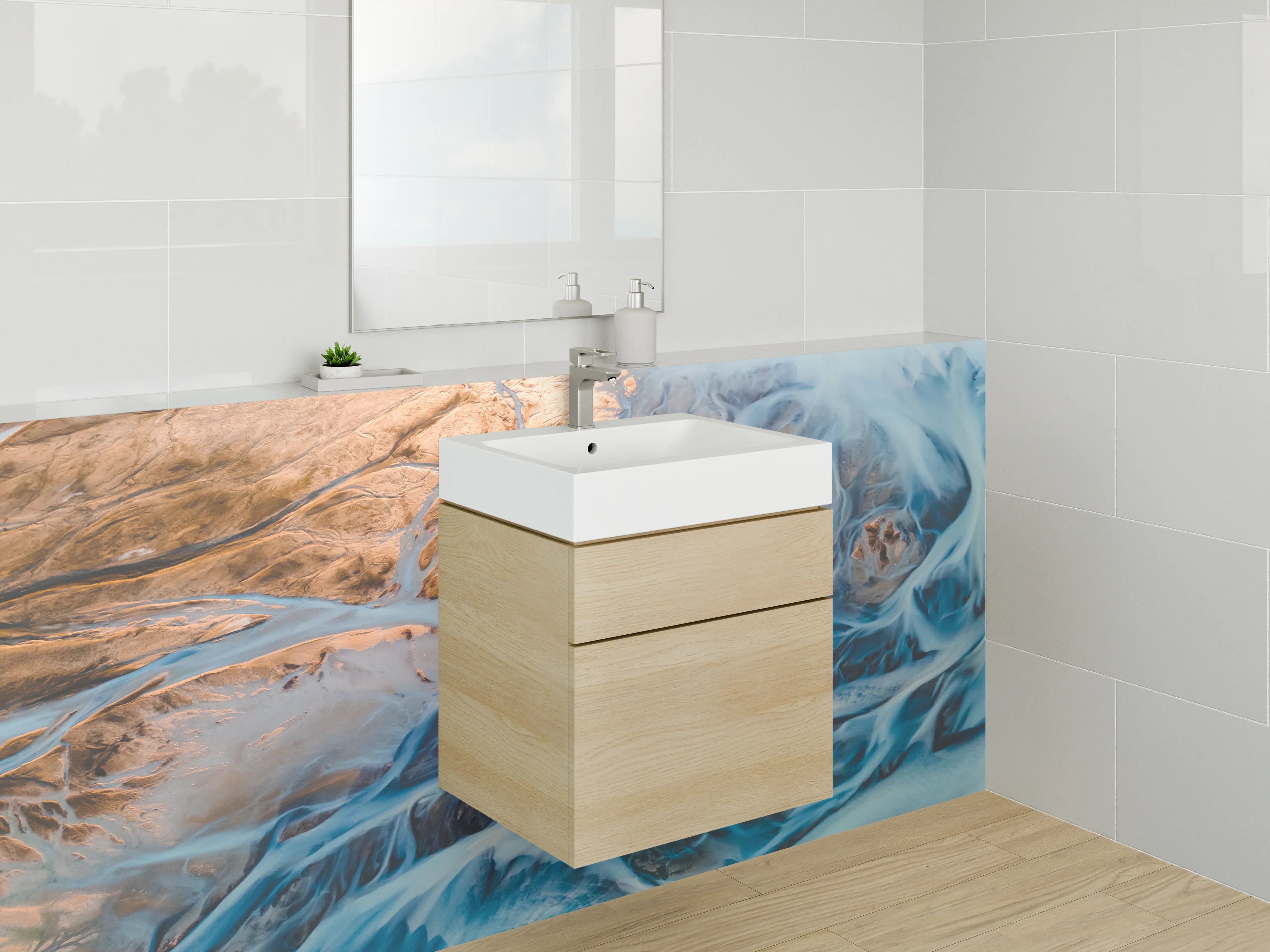 Waschbecken-Rückwand - Abstrakte Flusslandschaft in Blau und Kupfer