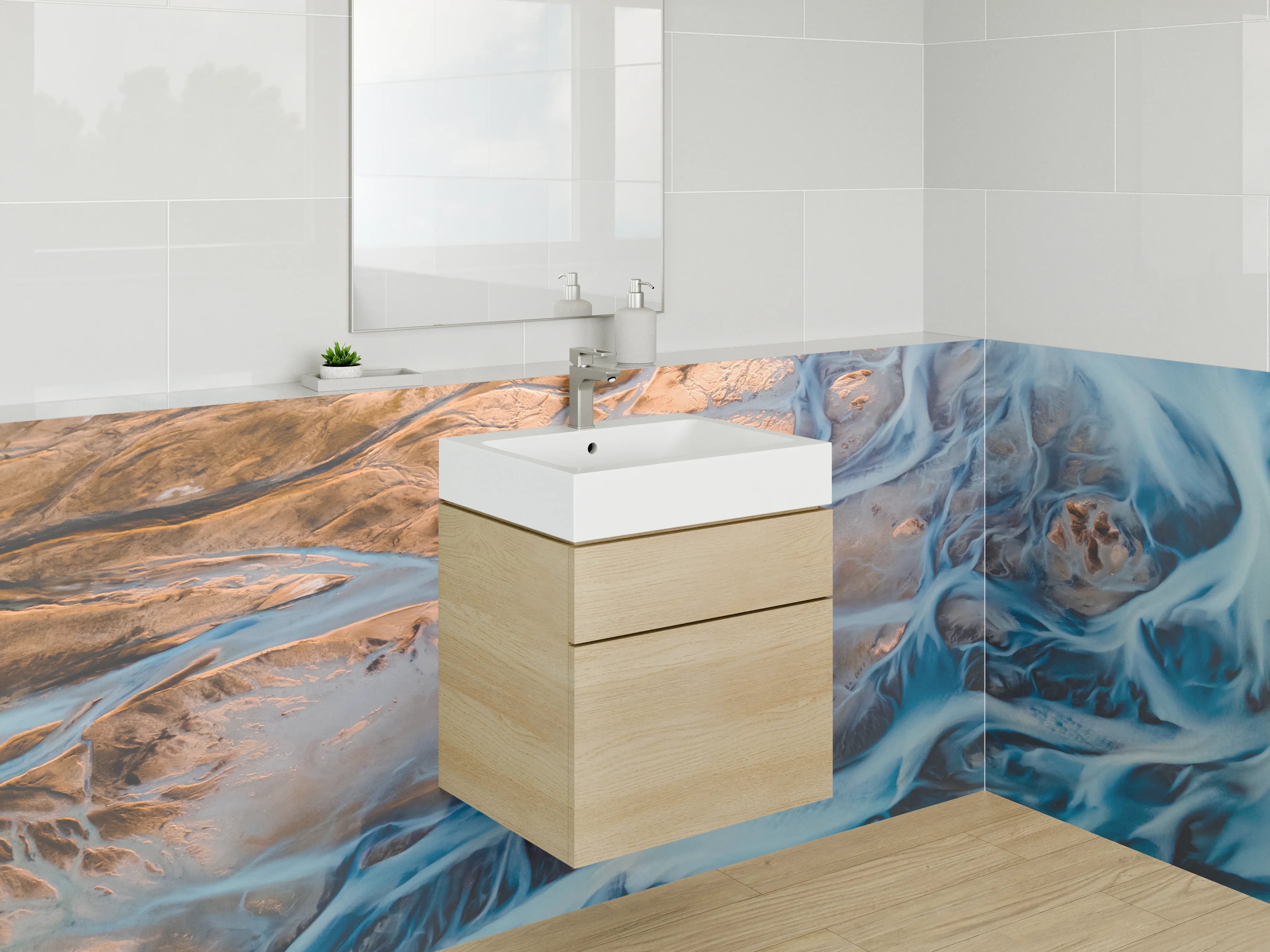 Waschbecken-Rückwand - Abstrakte Flusslandschaft in Blau und Kupfer