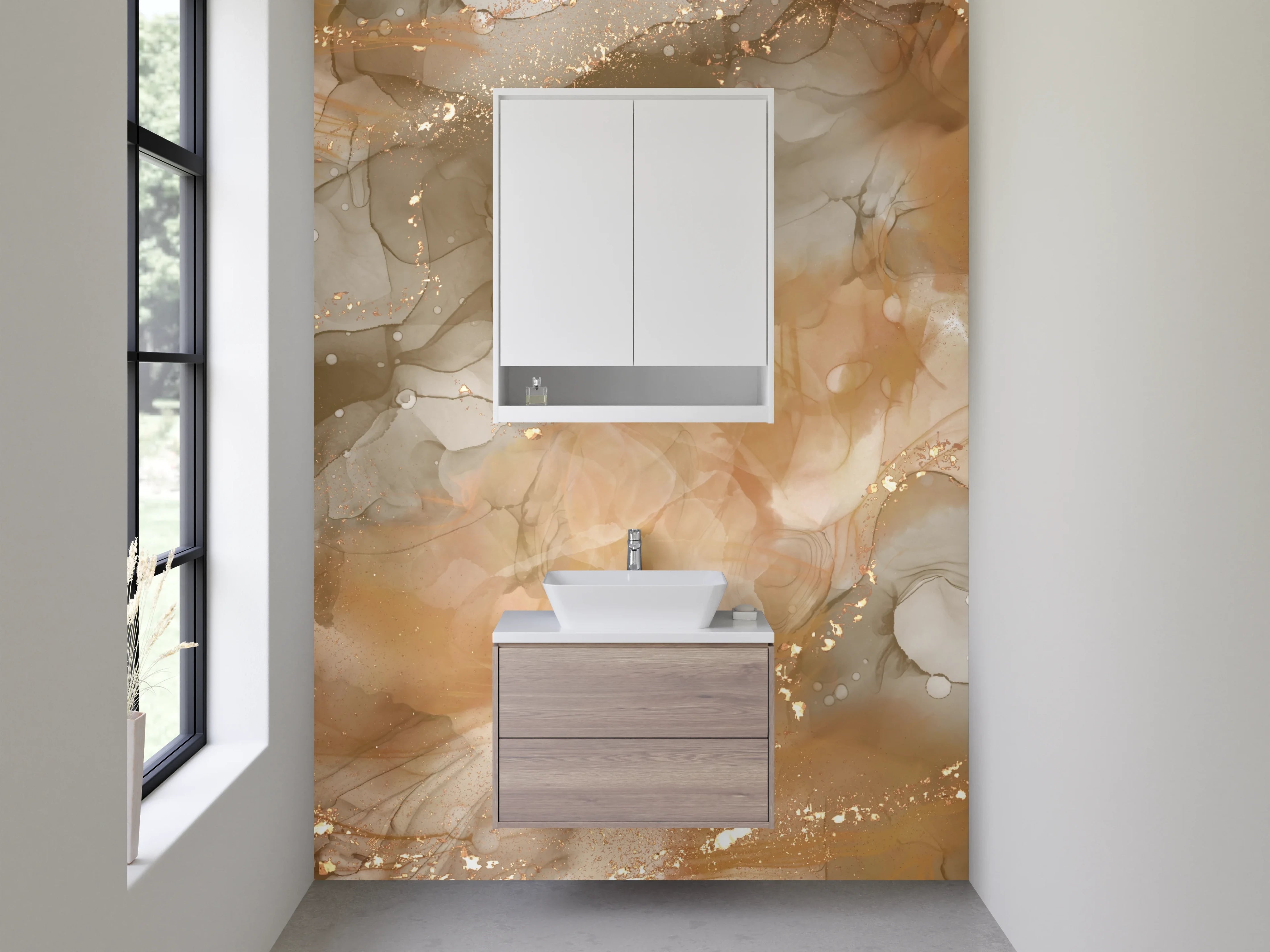 Waschbecken-Rückwand - Abstrakte Gold- und Beigetöne Marmoroptik