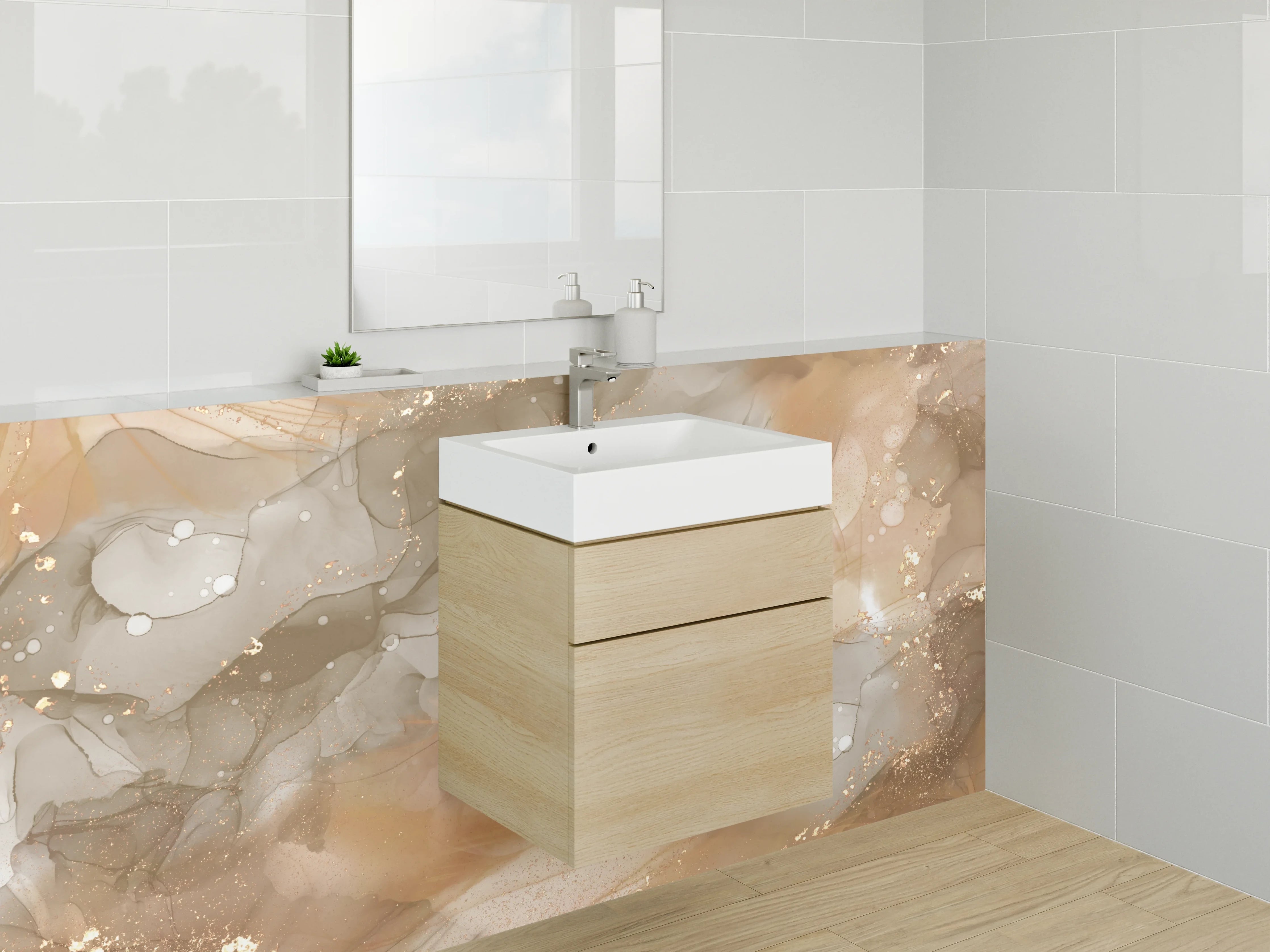 Waschbecken-Rückwand - Abstrakte Gold- und Beigetöne Marmoroptik