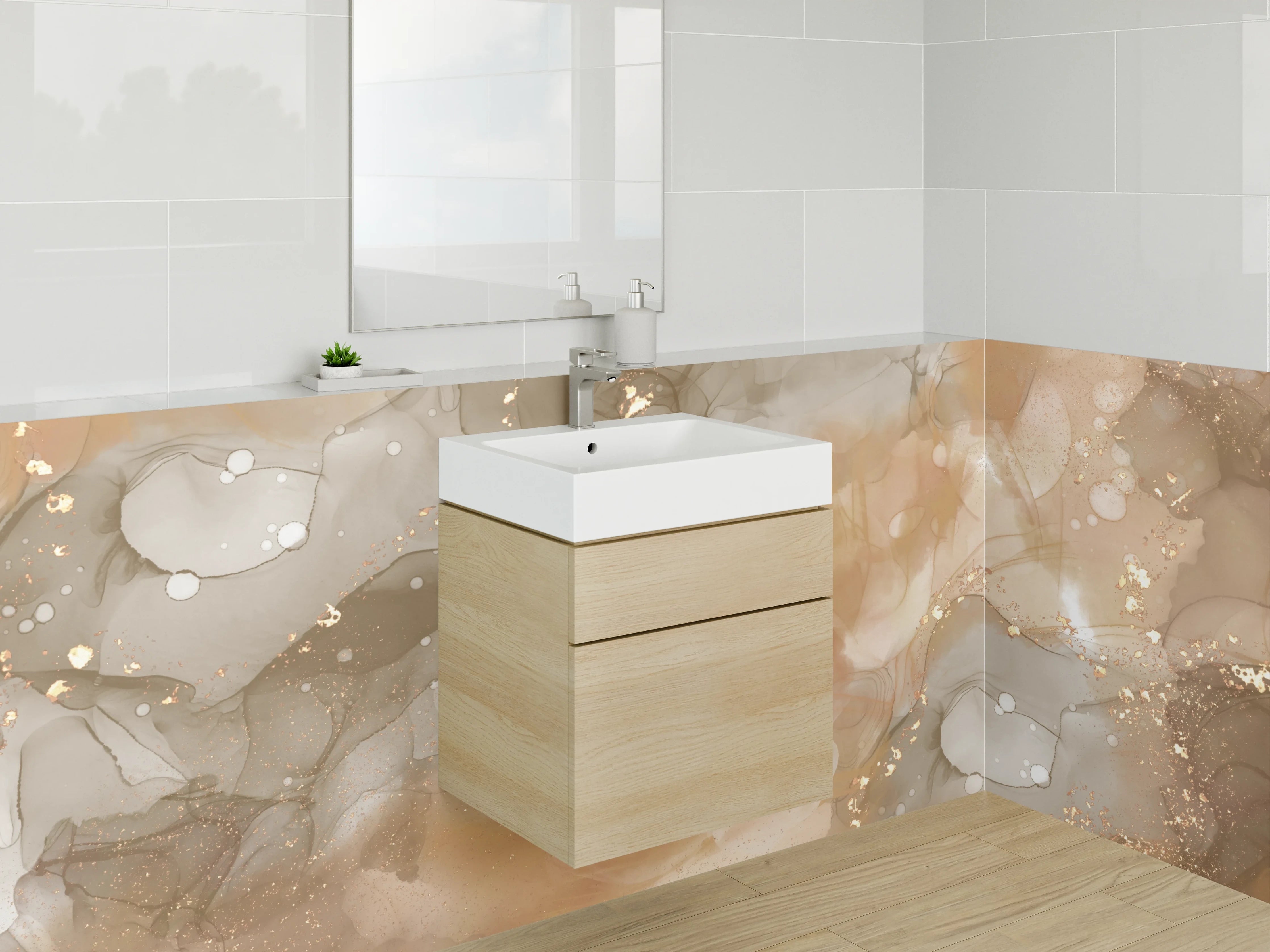 Waschbecken-Rückwand - Abstrakte Gold- und Beigetöne Marmoroptik
