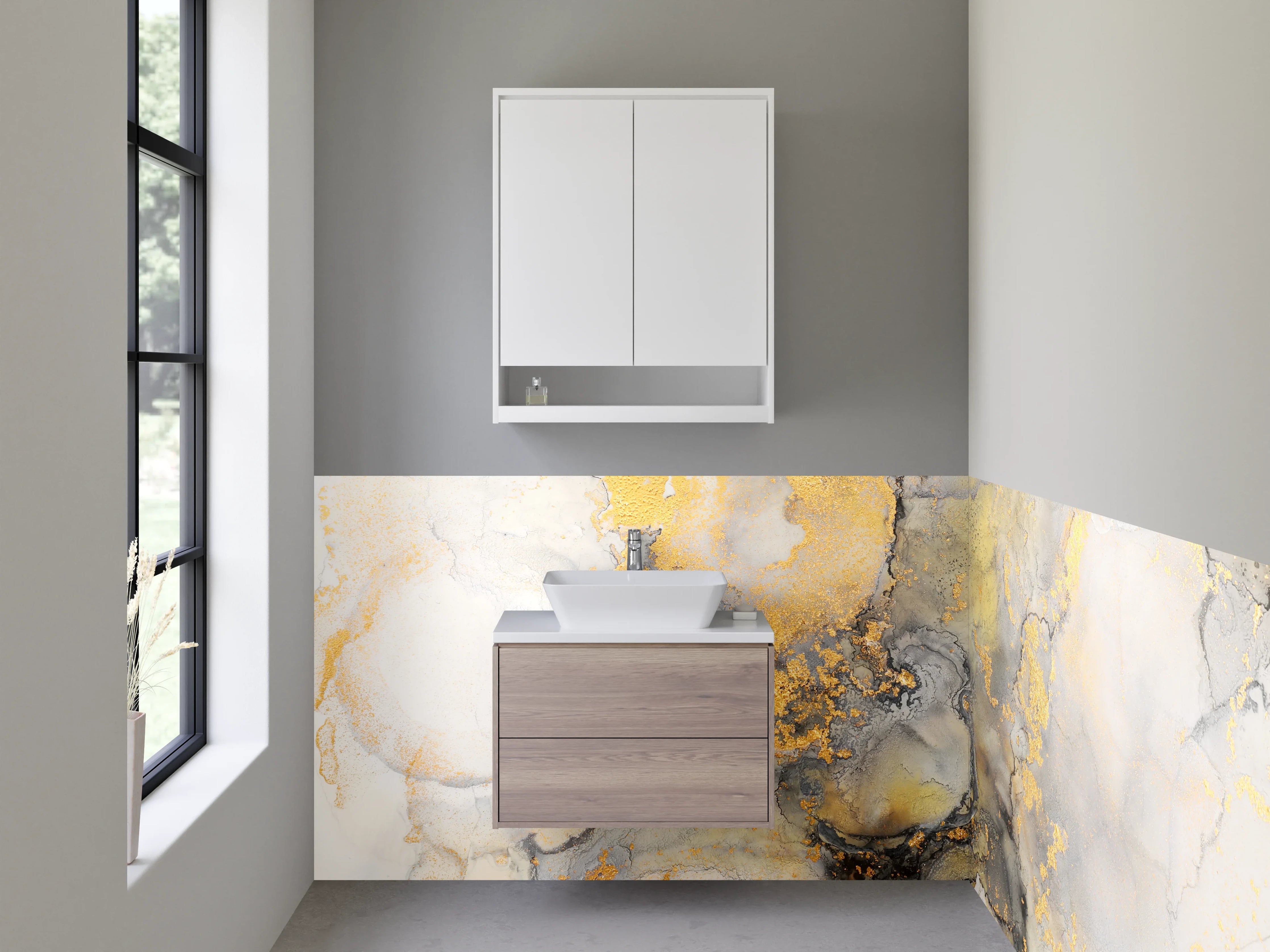 Waschbecken-Rückwand - Abstrakte Gold-Marmor-Optik Weiß Grau