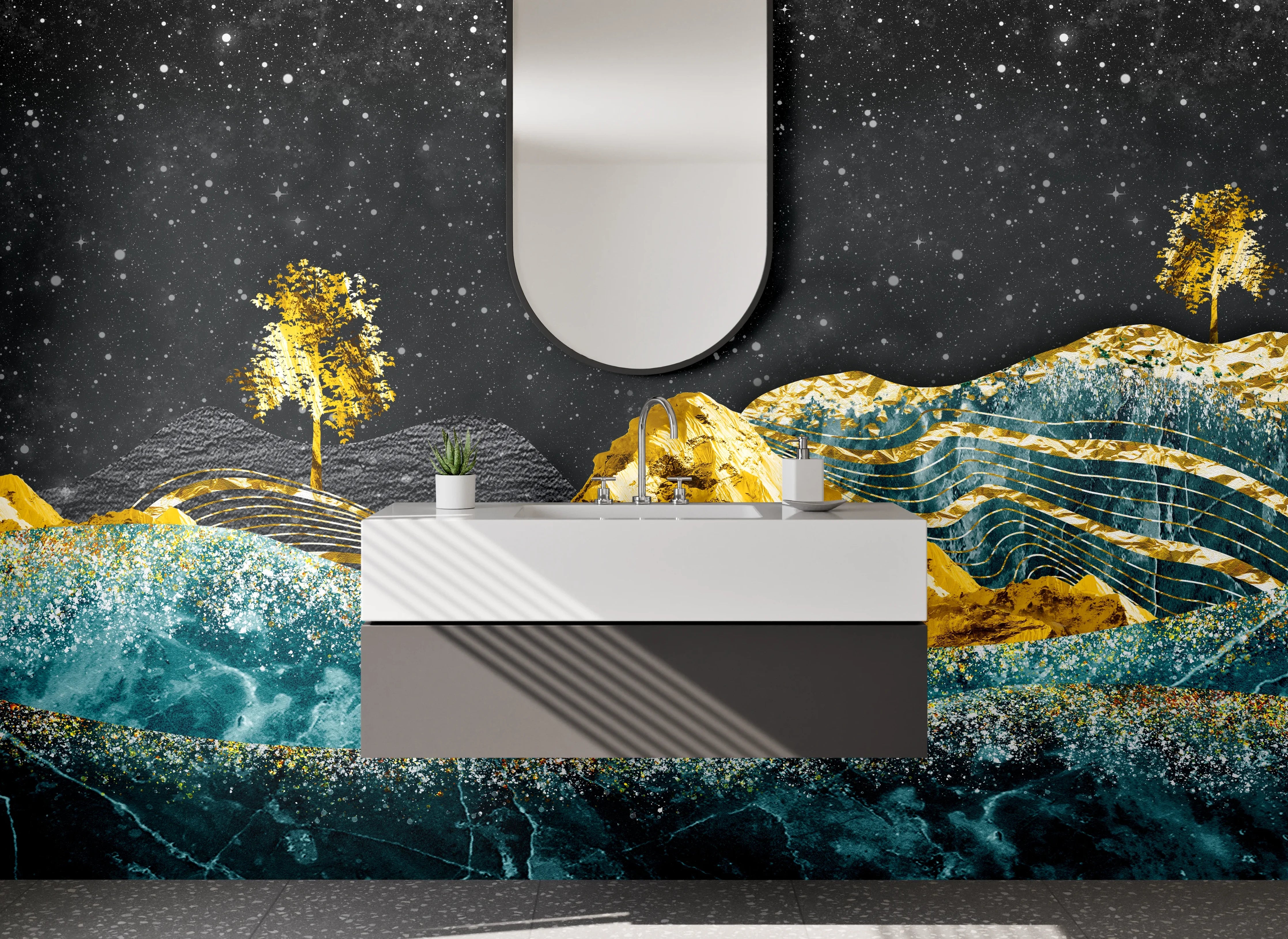 Waschbecken-Rückwand - Abstrakte Goldene Marmorlandschaft Kunst