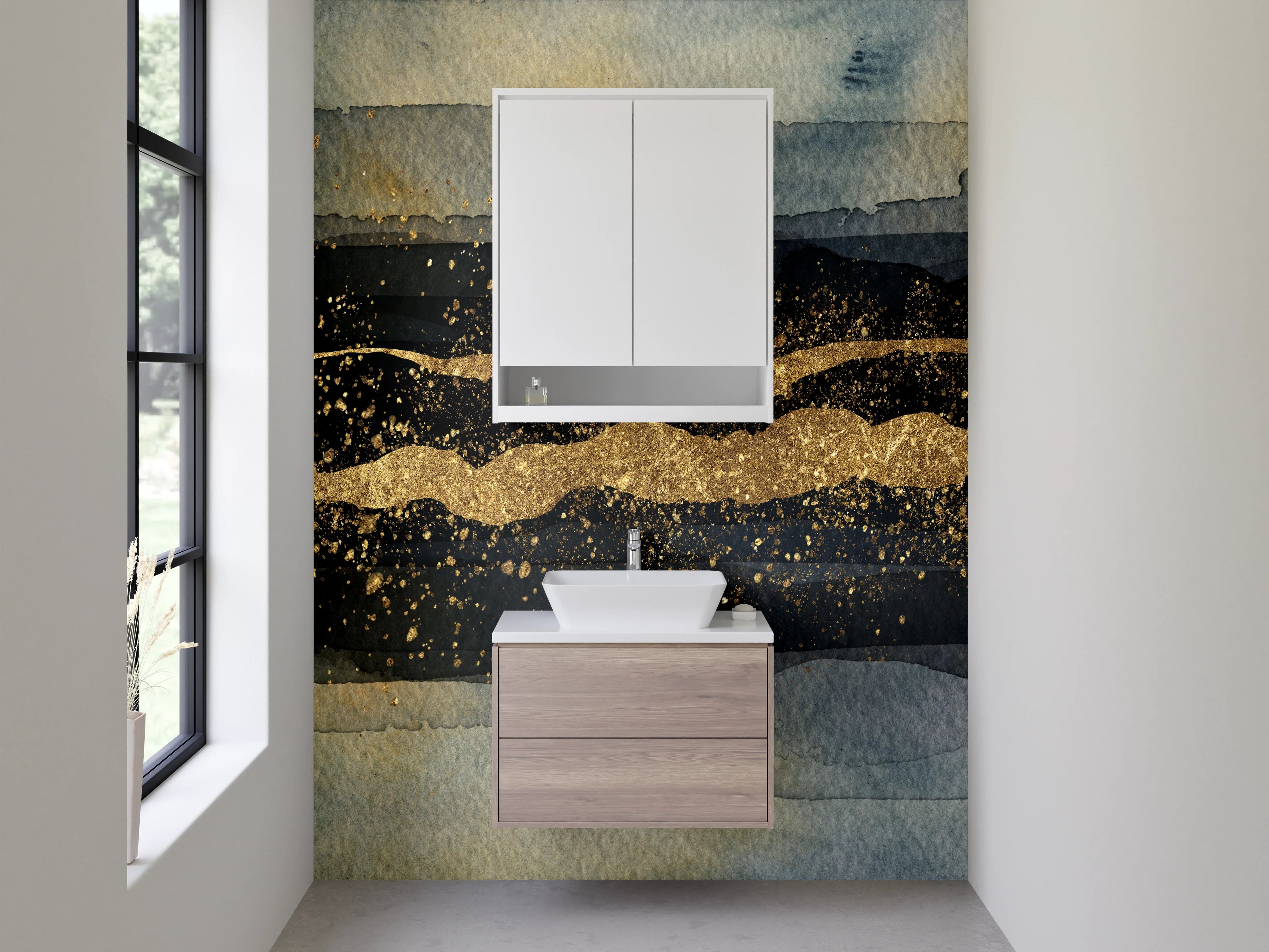 Waschbecken-Rückwand - Abstrakte Goldstruktur auf dunklem Aquarell