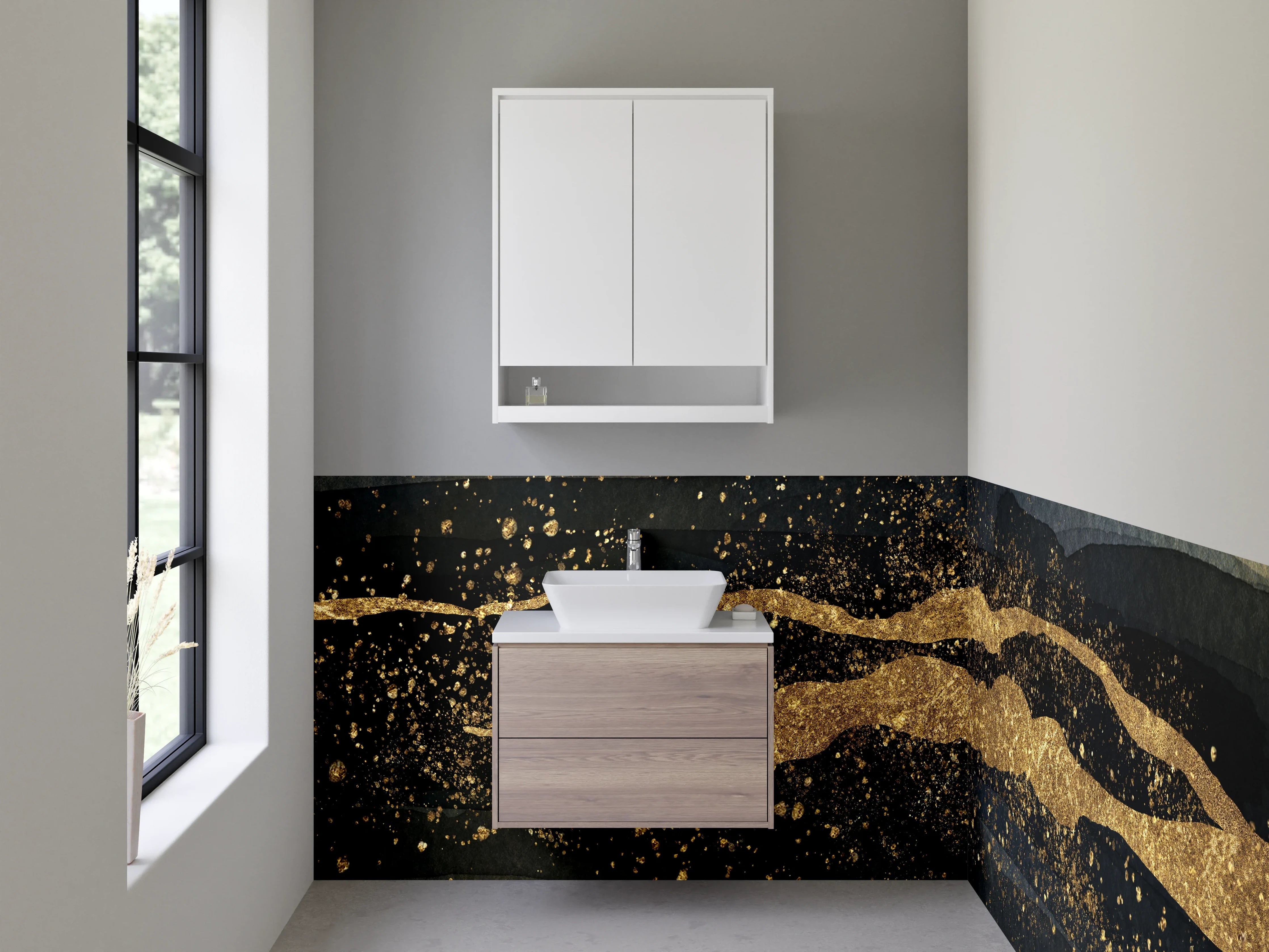 Waschbecken-Rückwand - Abstrakte Goldstruktur auf dunklem Aquarell