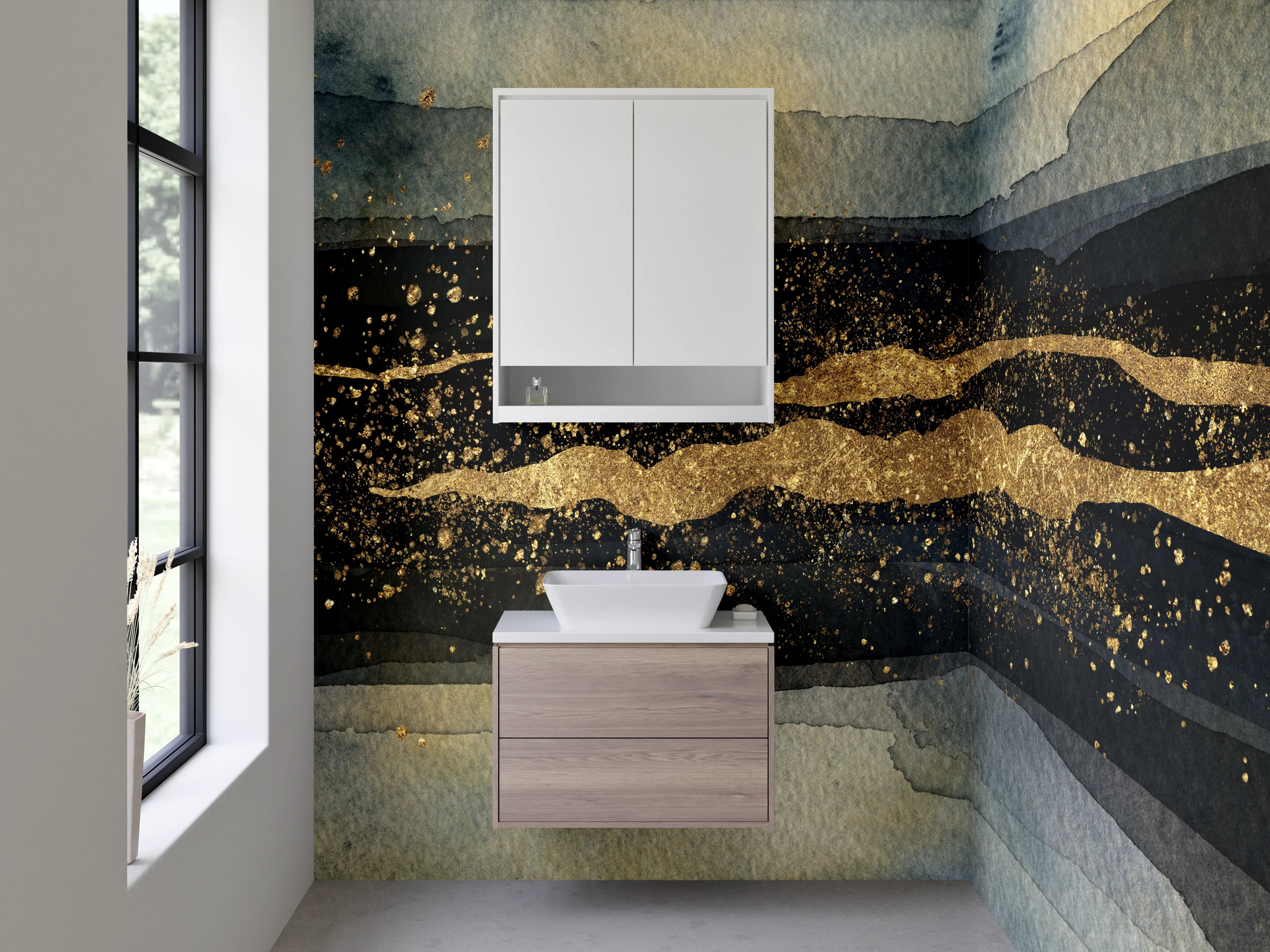 Waschbecken-Rückwand - Abstrakte Goldstruktur auf dunklem Aquarell