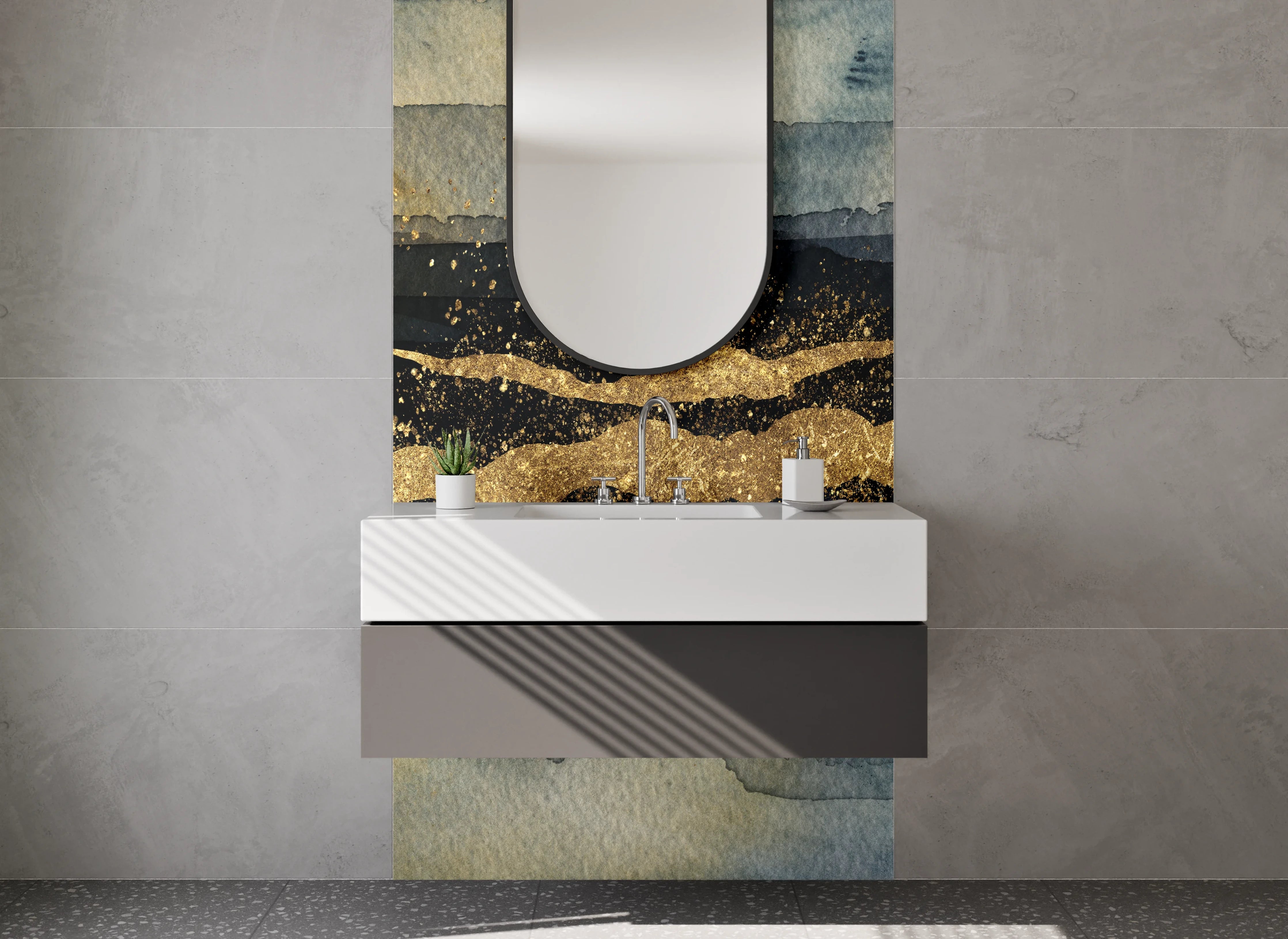 Waschbecken-Rückwand - Abstrakte Goldstruktur auf dunklem Aquarell