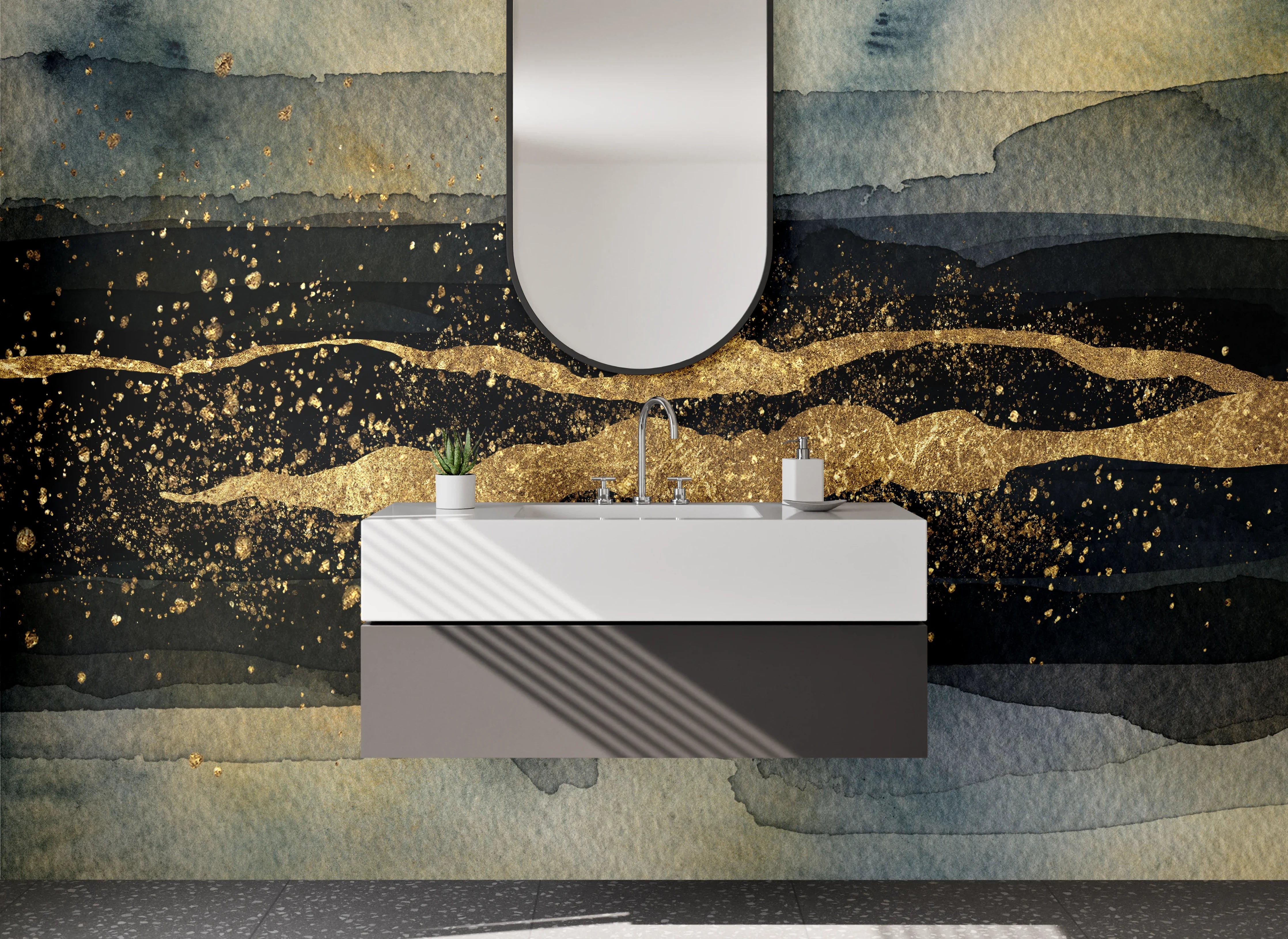 Waschbecken-Rückwand - Abstrakte Goldstruktur auf dunklem Aquarell