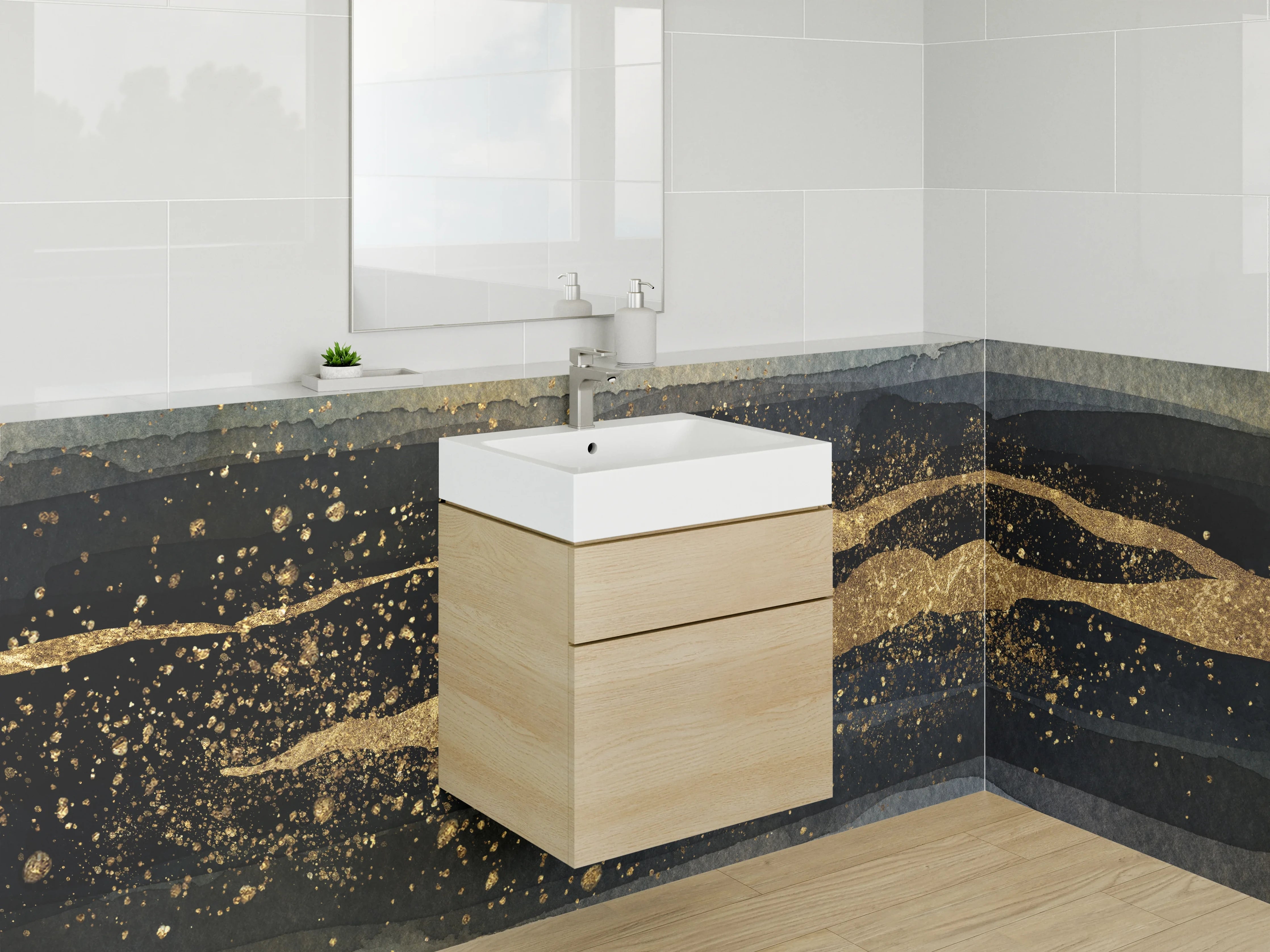 Waschbecken-Rückwand - Abstrakte Goldstruktur auf dunklem Aquarell