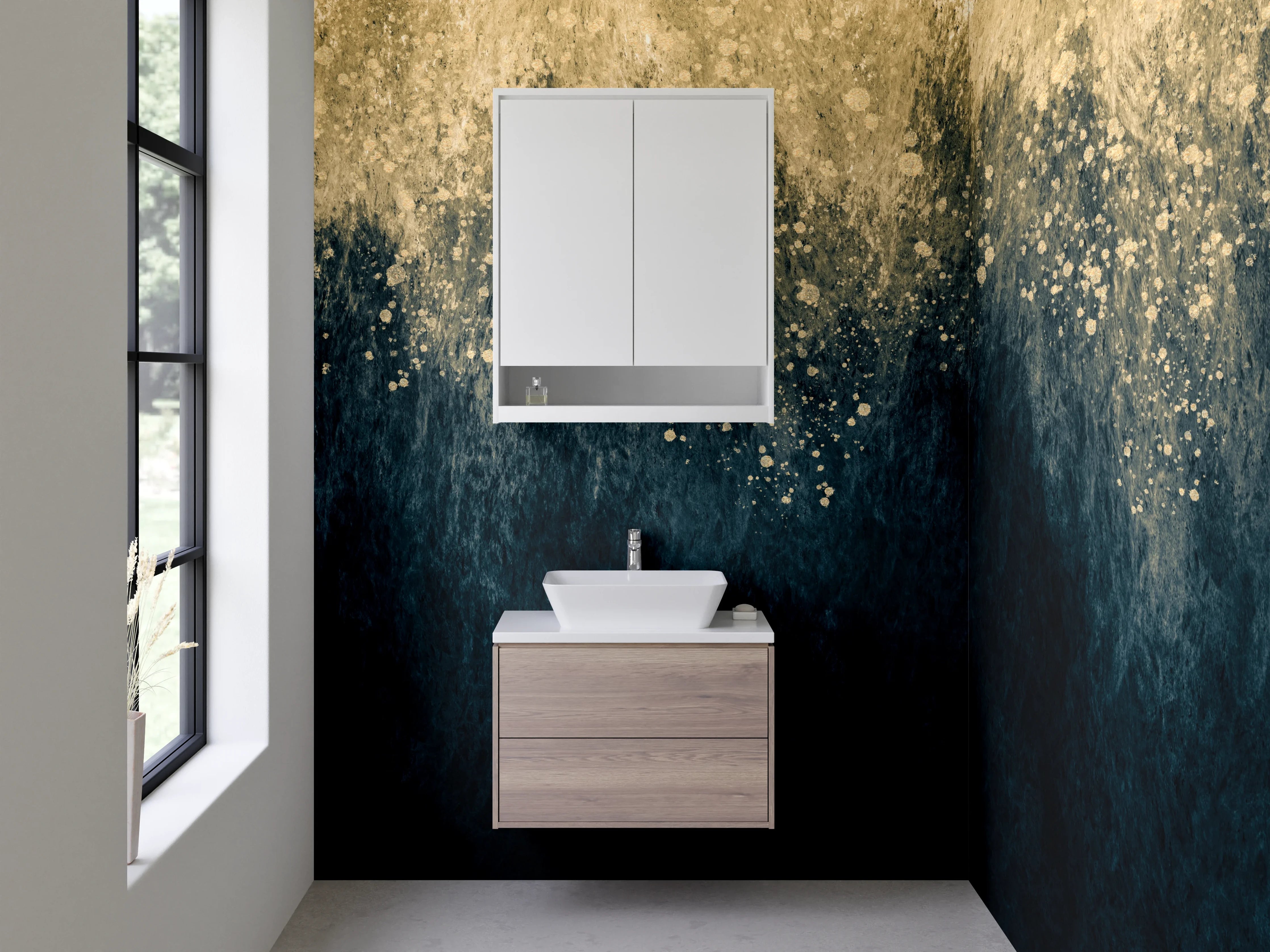 Waschbecken-Rückwand - Abstrakte Kunst in Gold und Blau