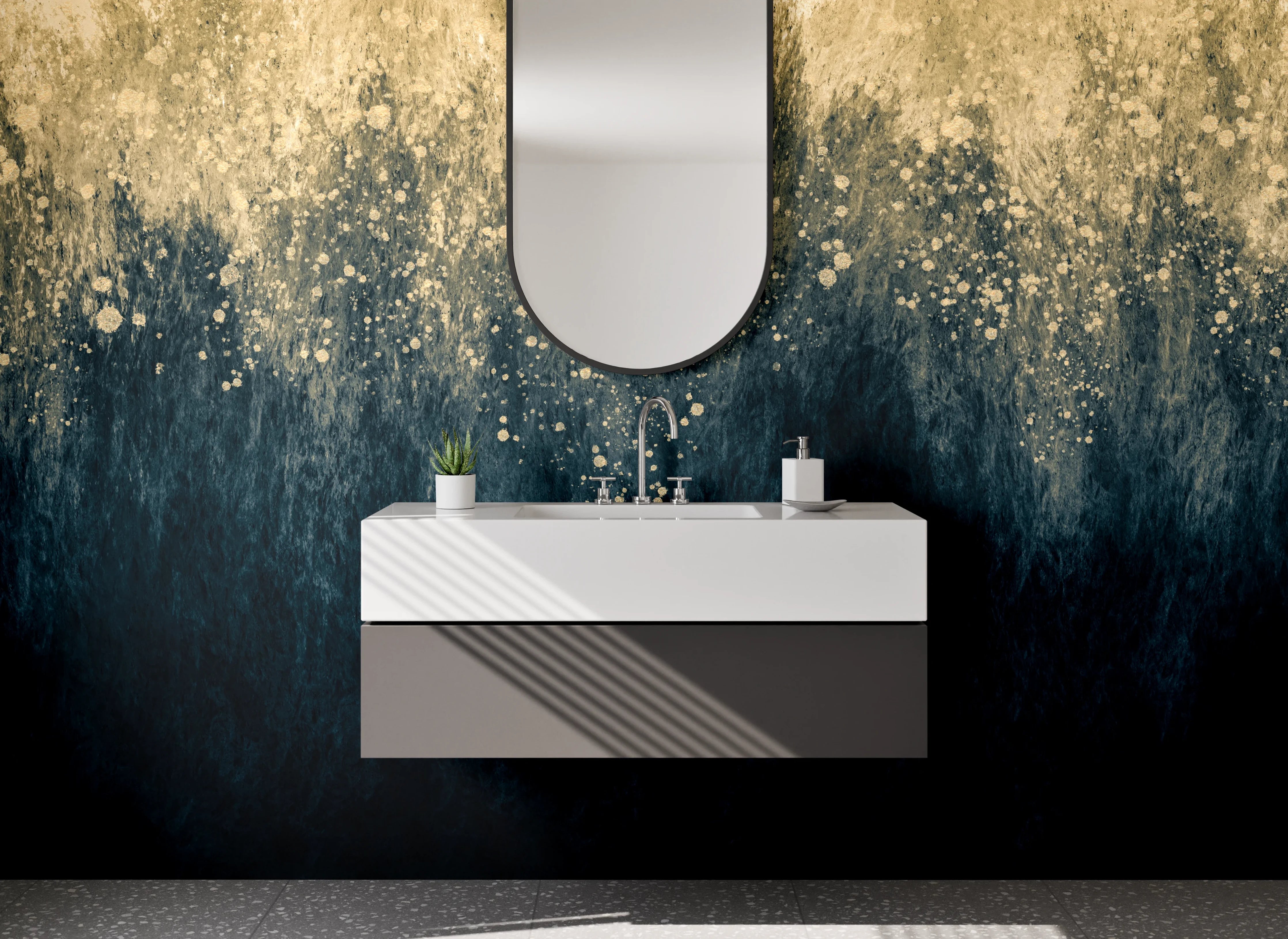 Waschbecken-Rückwand - Abstrakte Kunst in Gold und Blau