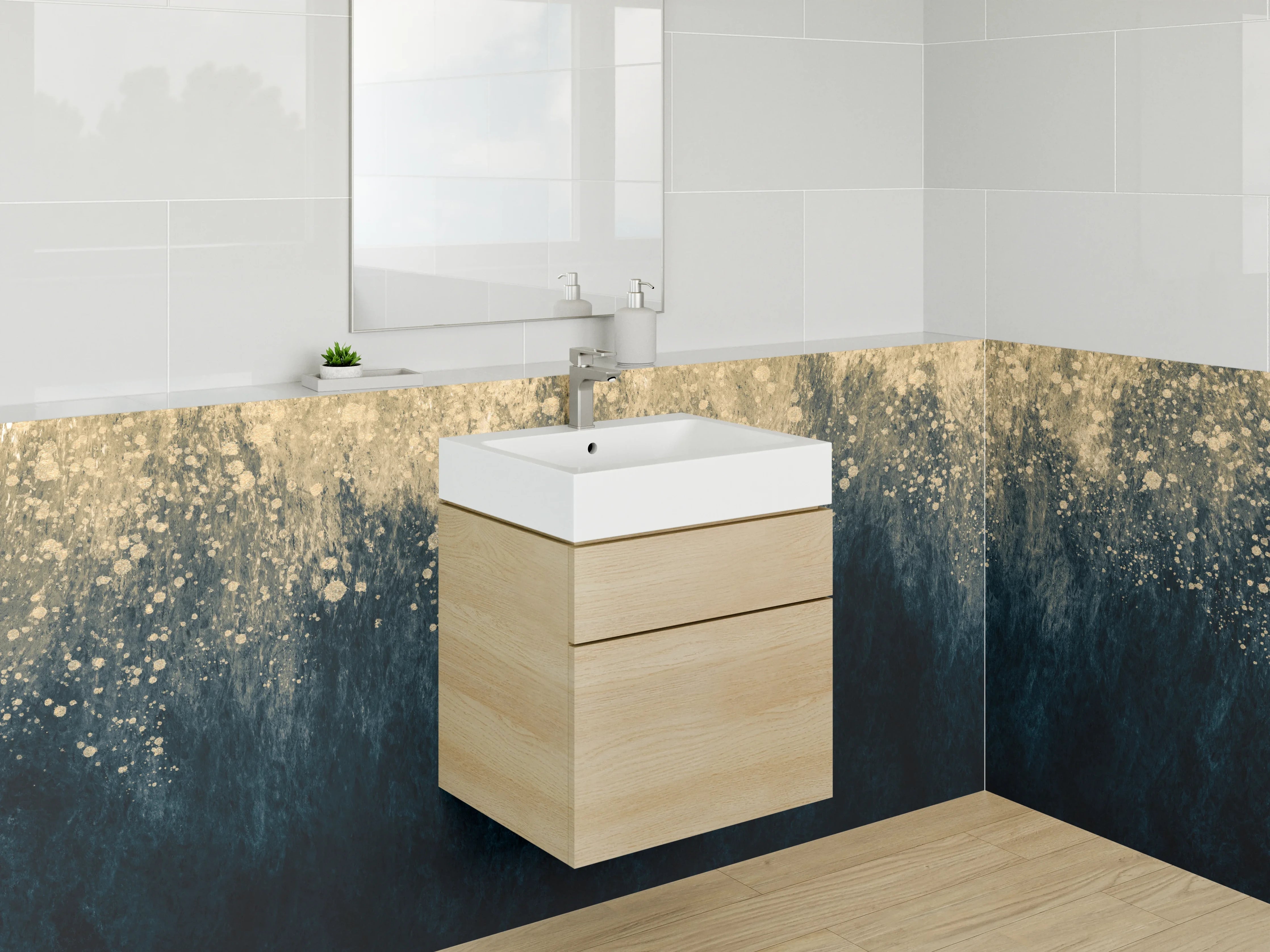 Waschbecken-Rückwand - Abstrakte Kunst in Gold und Blau