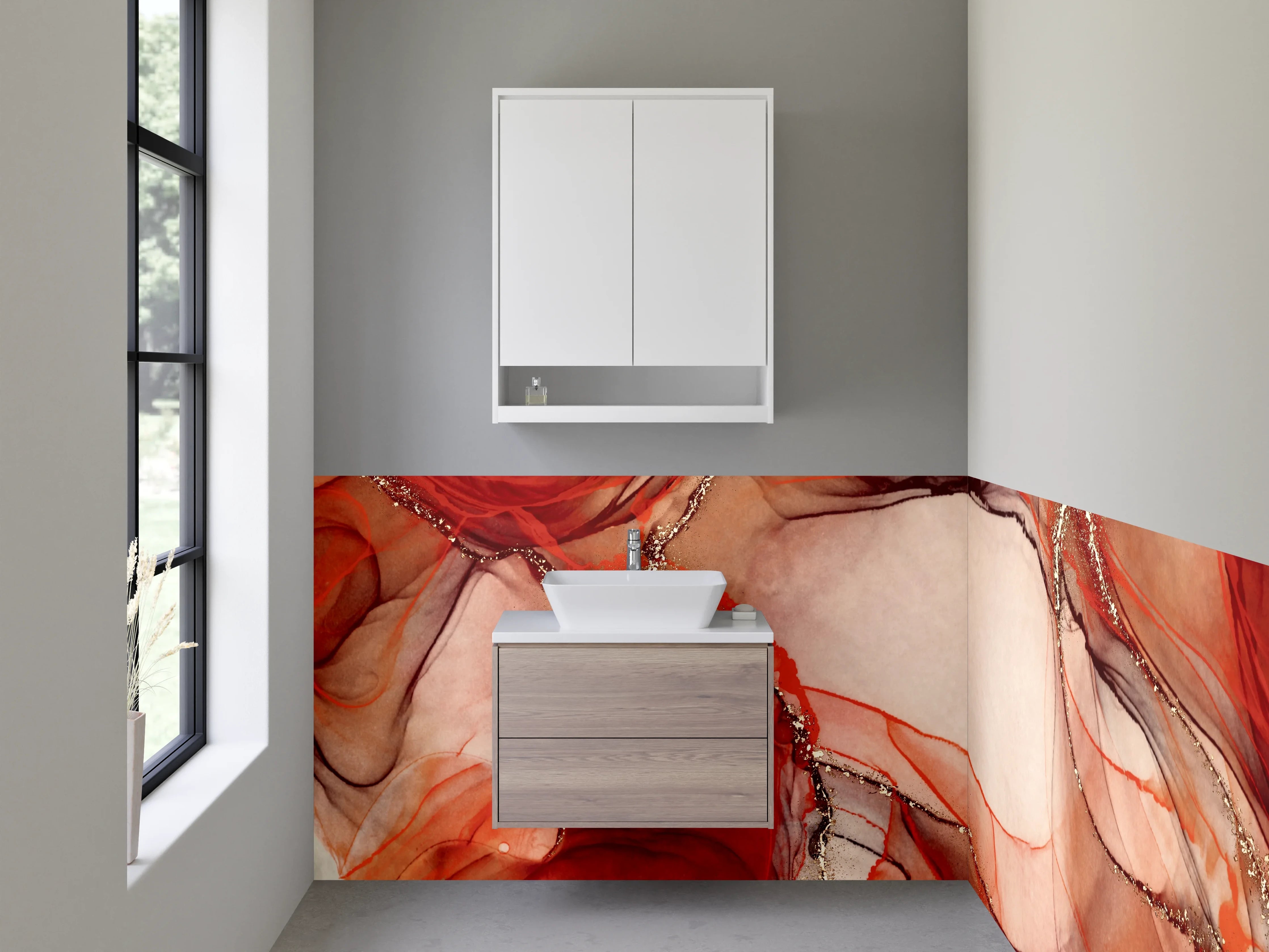Waschbecken-Rückwand - Abstrakte Kunst in Rot und Gold