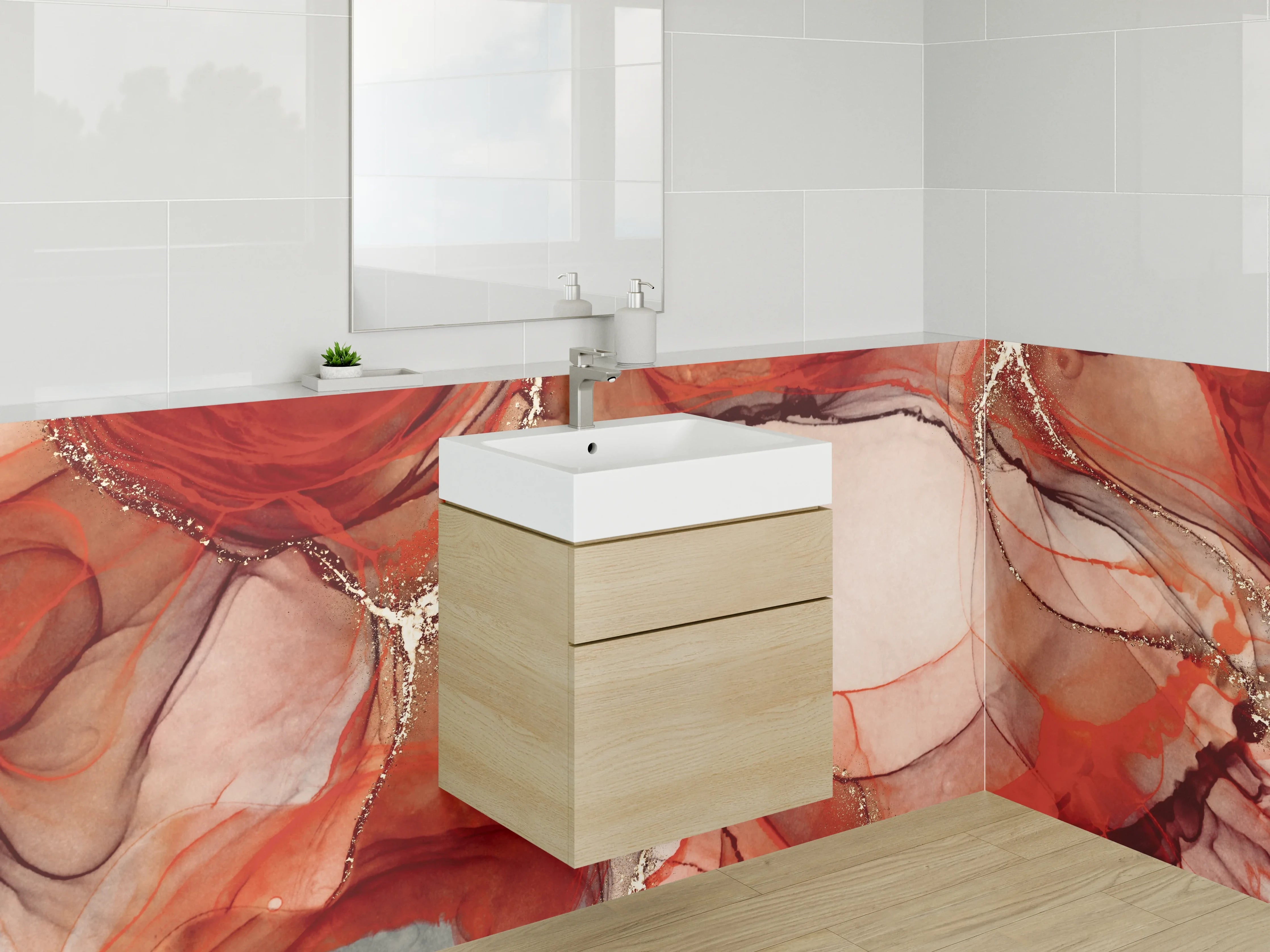Waschbecken-Rückwand - Abstrakte Kunst in Rot und Gold