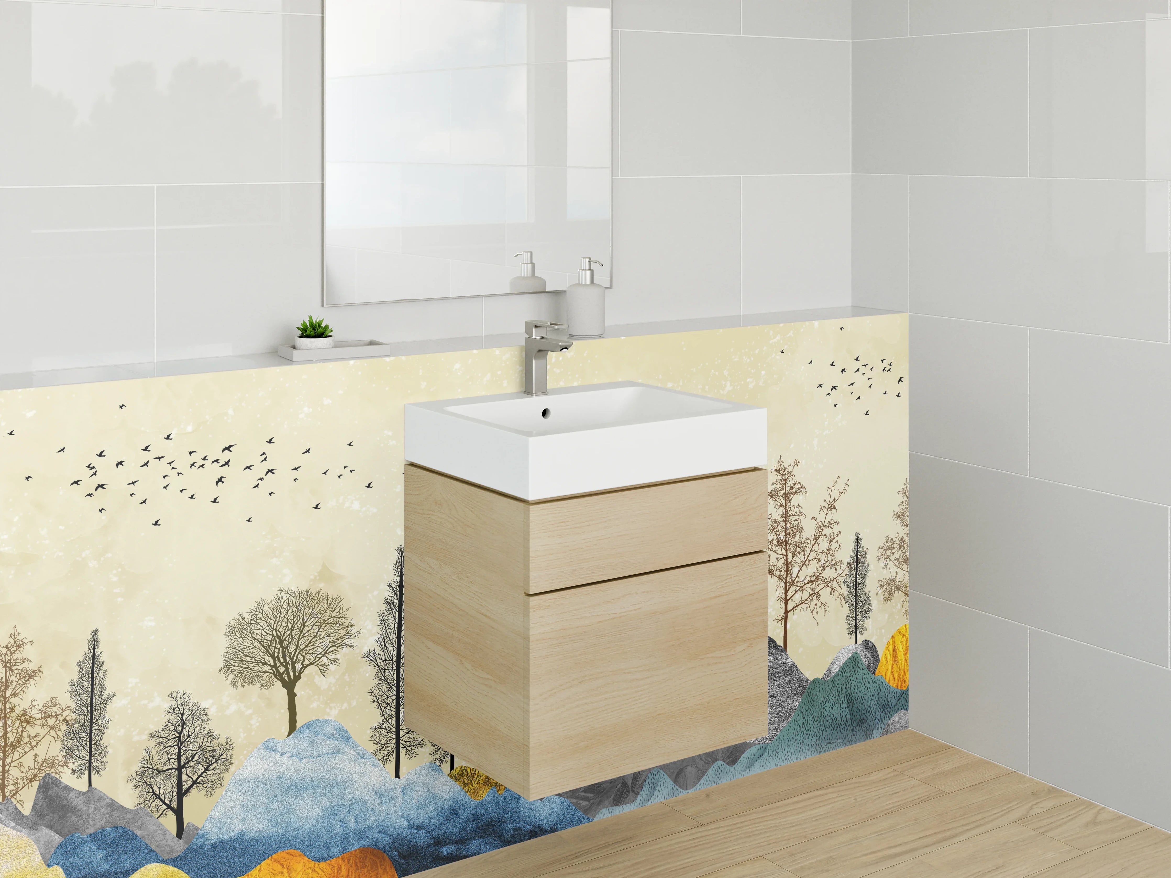 Waschbecken-Rückwand - Abstrakte Landschaft Bergwald Aquarell