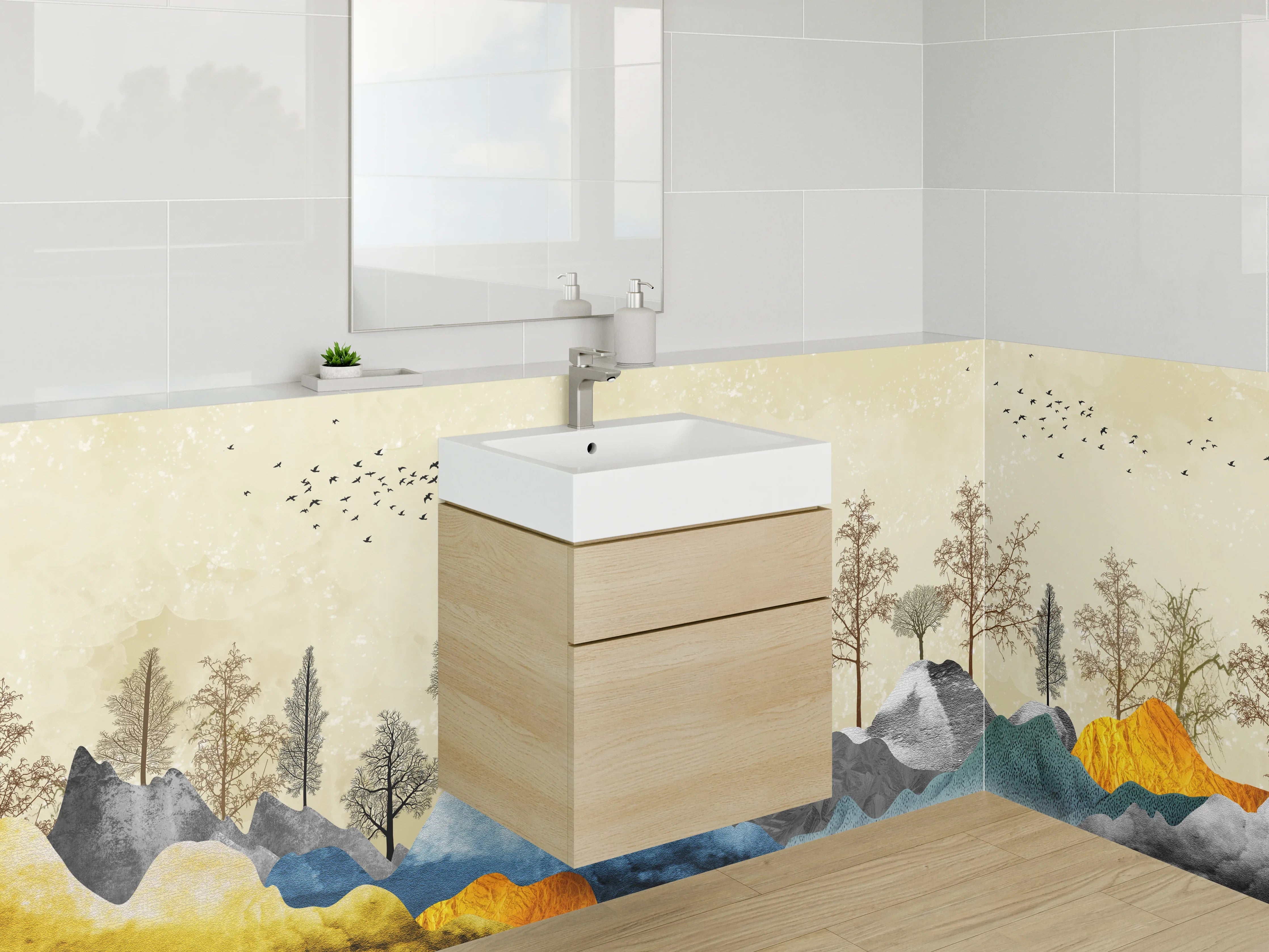 Waschbecken-Rückwand - Abstrakte Landschaft Bergwald Aquarell