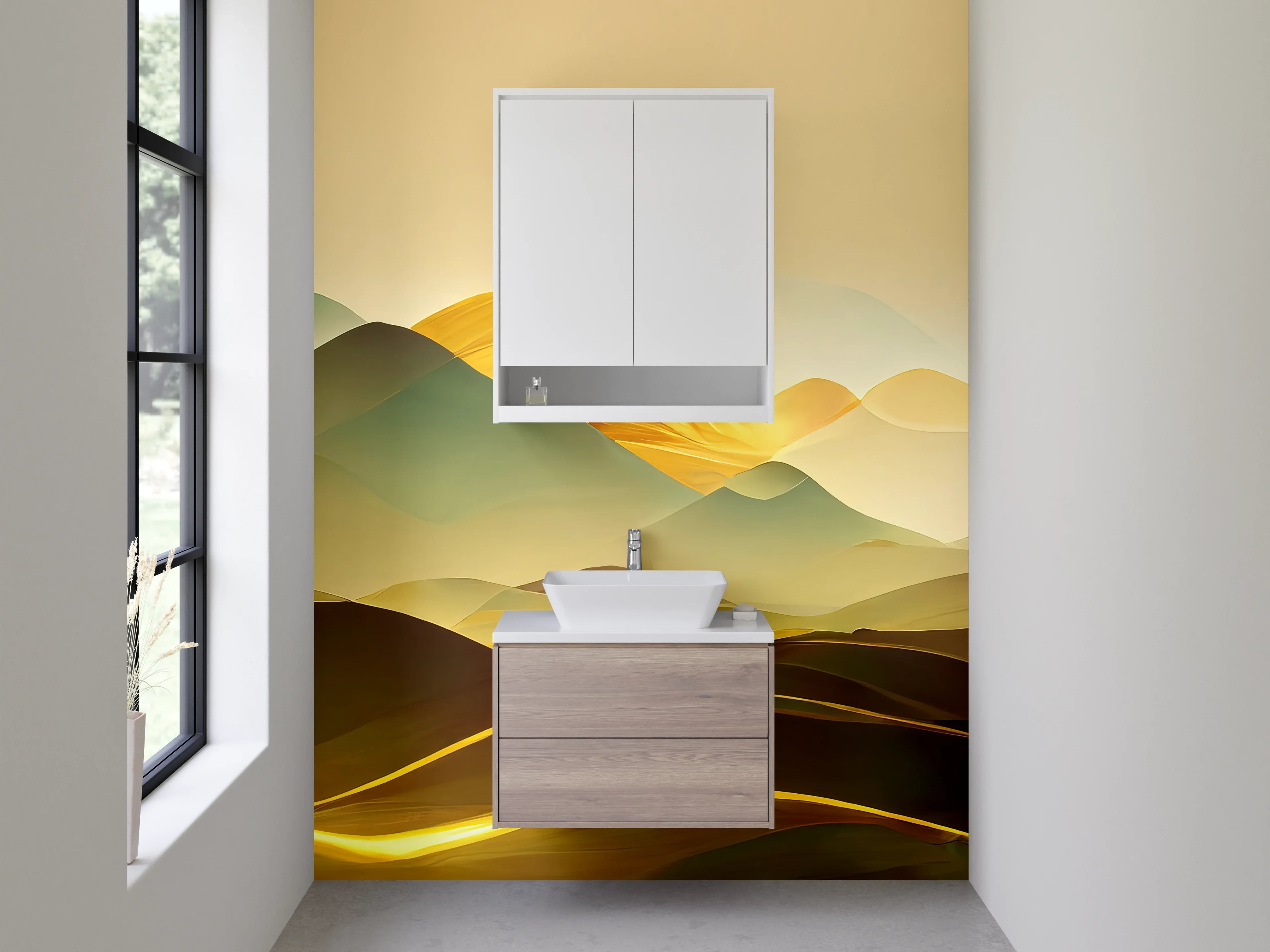 Waschbecken-Rückwand - Abstrakte Landschaft in Gold- und Grüntönen
