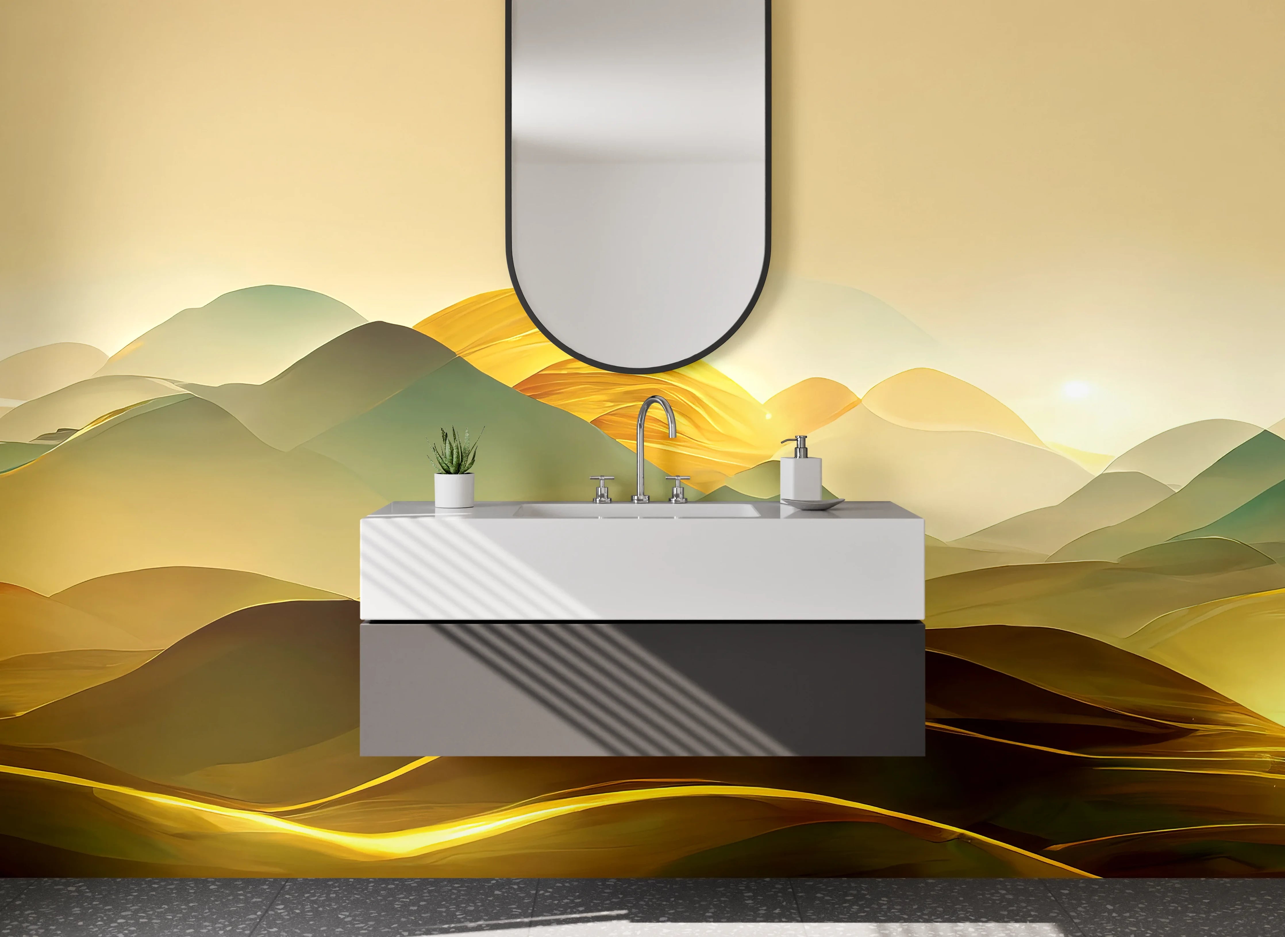Waschbecken-Rückwand - Abstrakte Landschaft in Gold- und Grüntönen