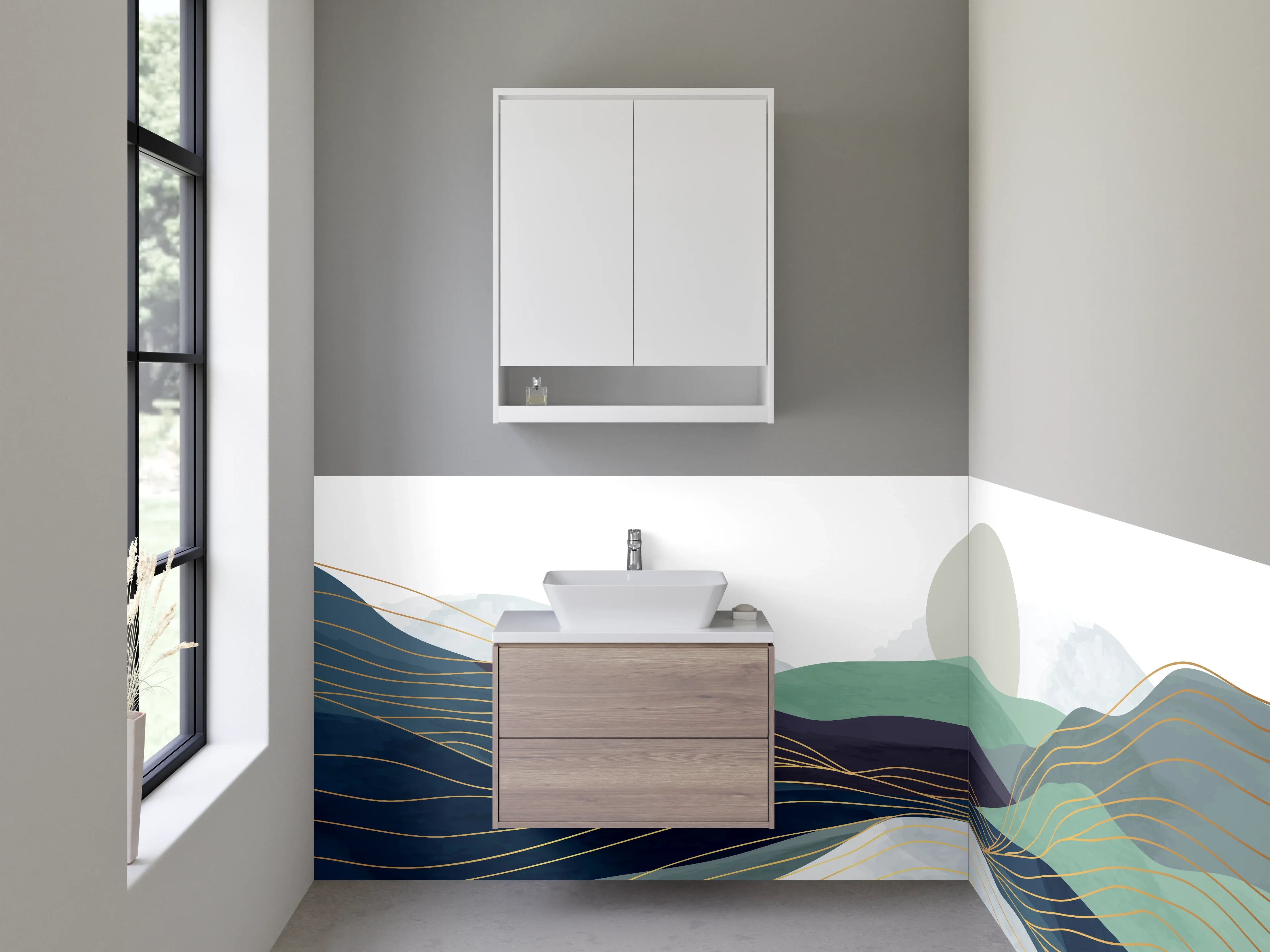 Waschbecken-Rückwand - Abstrakte Landschaft mit sanften Hügeln und Sonne