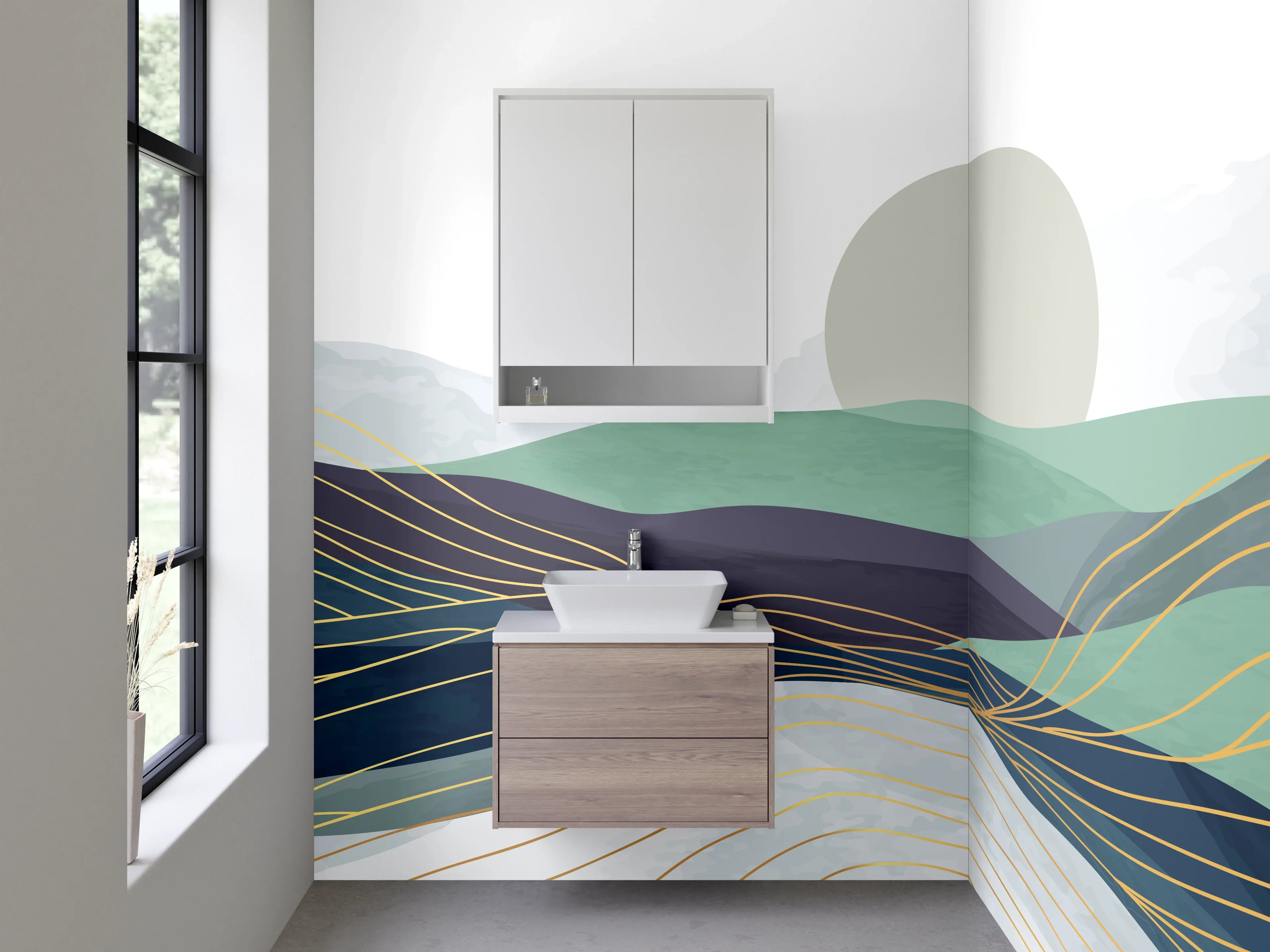 Waschbecken-Rückwand - Abstrakte Landschaft mit sanften Hügeln und Sonne