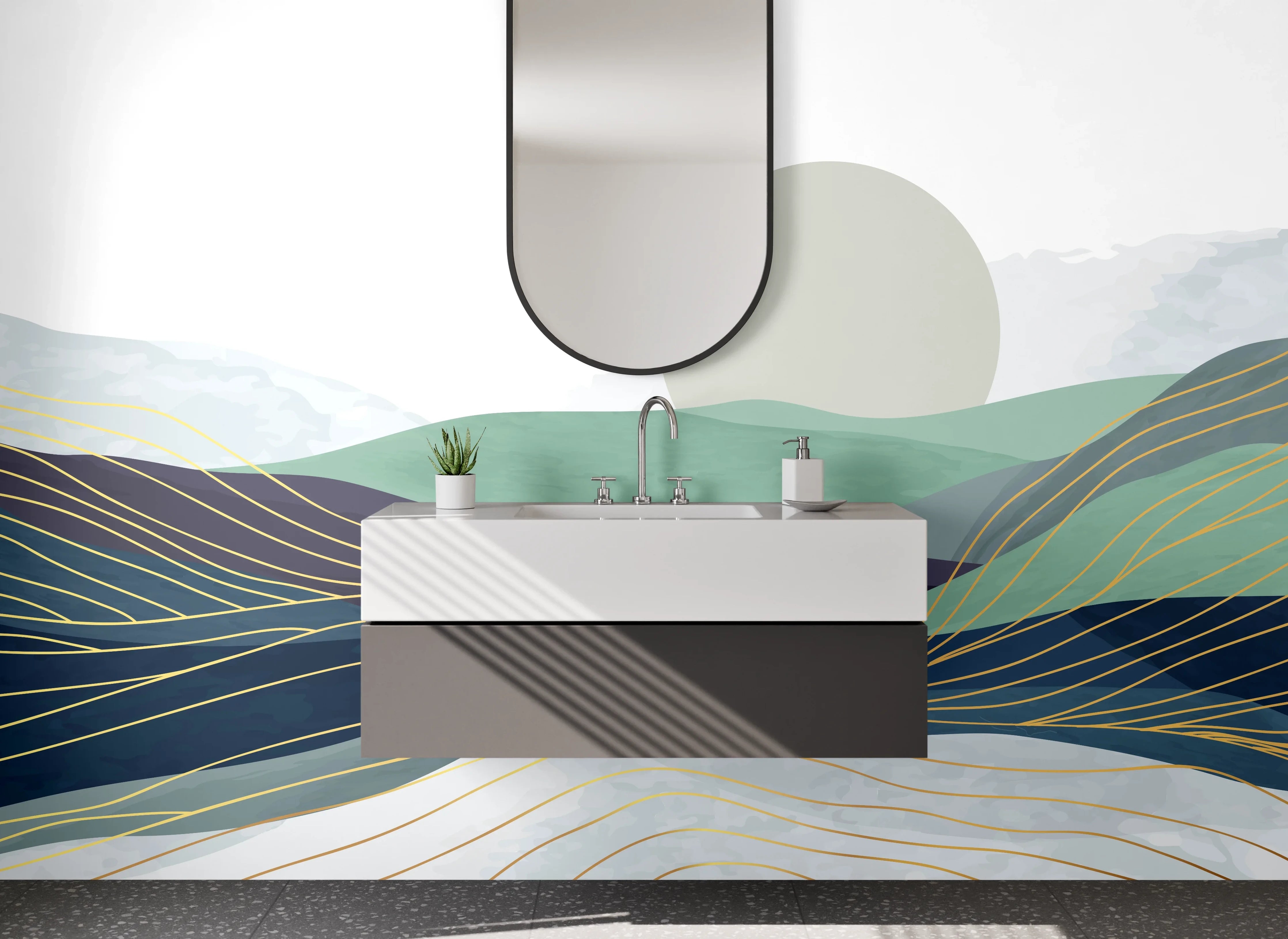 Waschbecken-Rückwand - Abstrakte Landschaft mit sanften Hügeln und Sonne