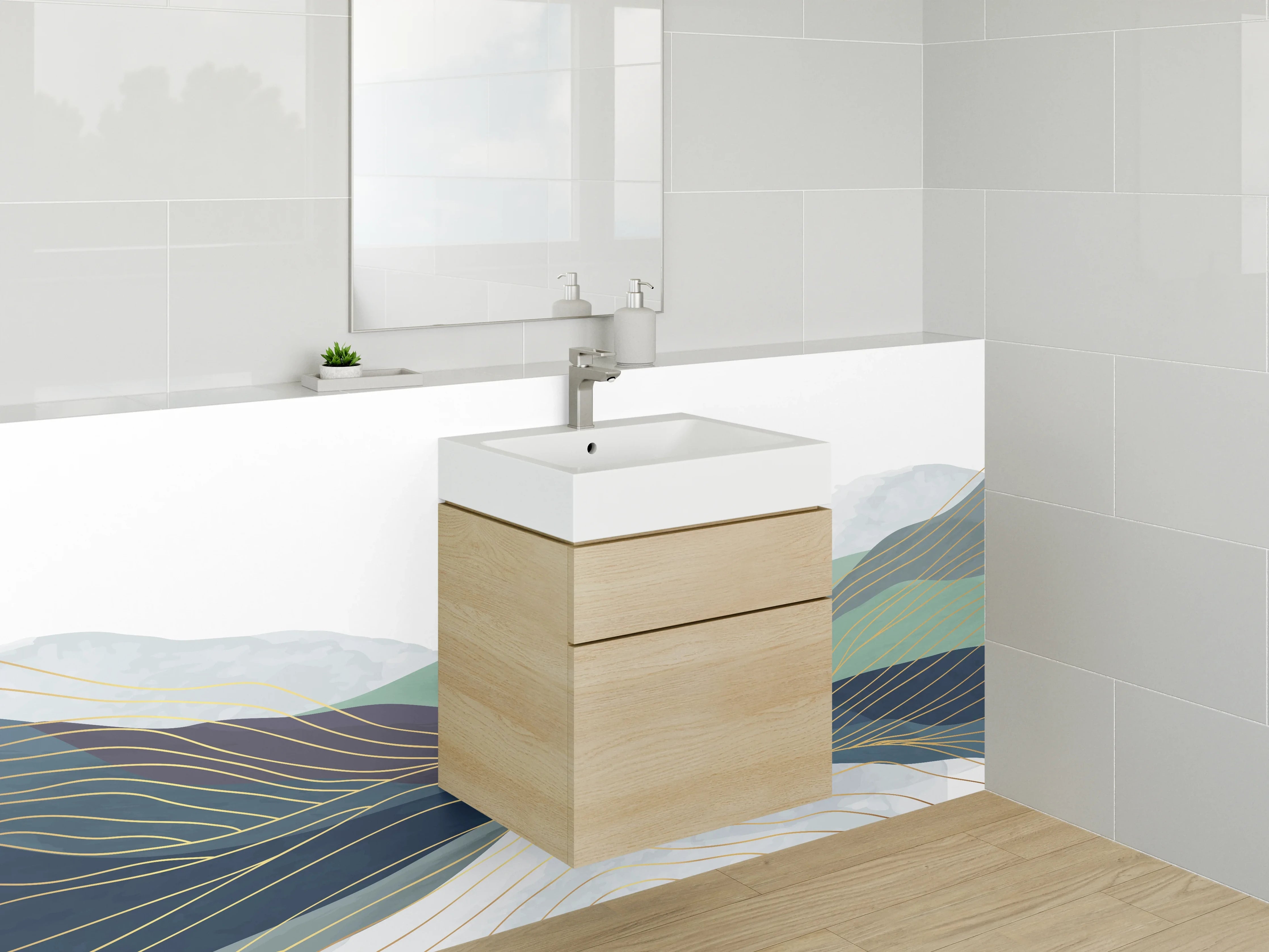 Waschbecken-Rückwand - Abstrakte Landschaft mit sanften Hügeln und Sonne