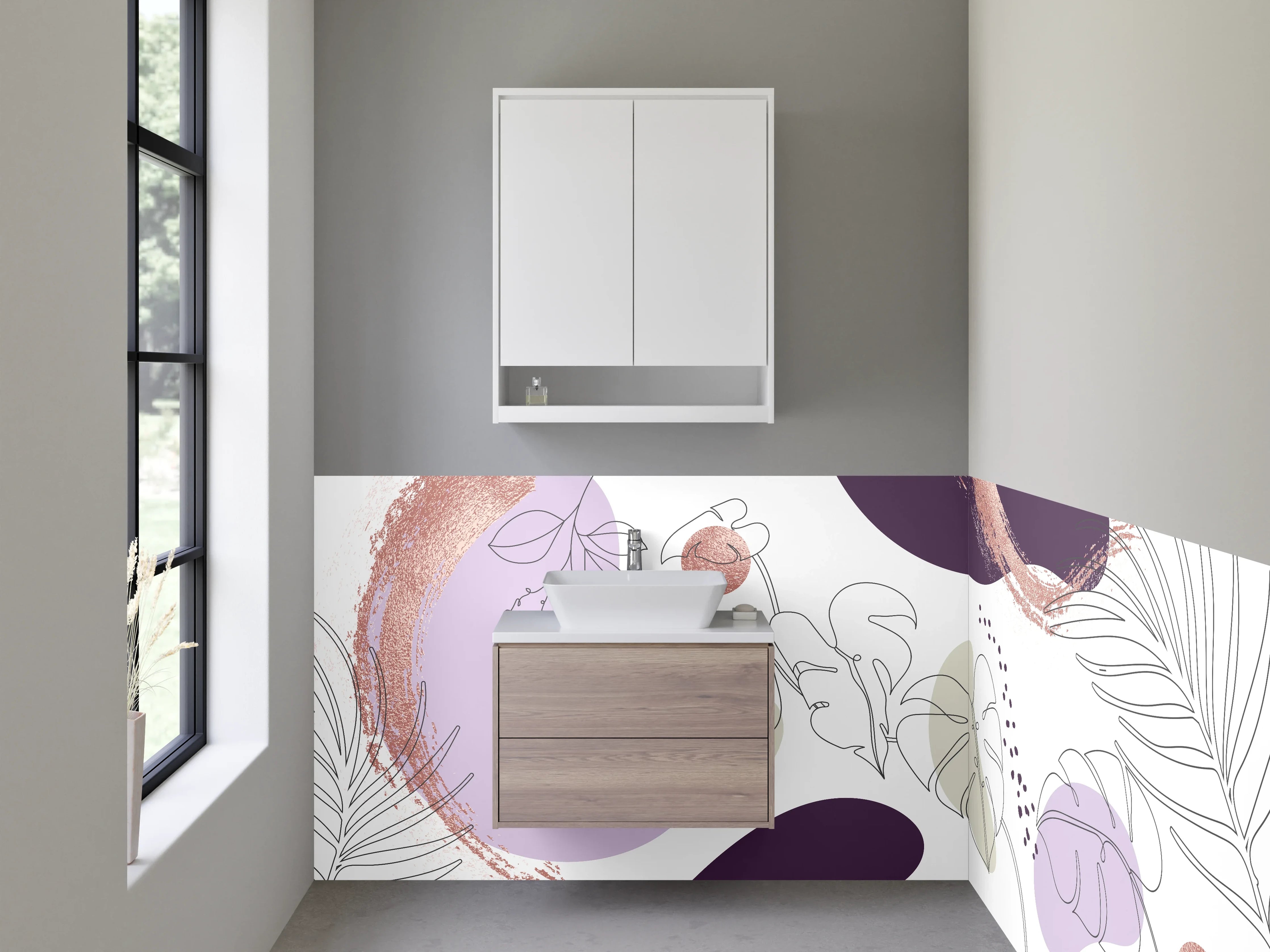 Waschbecken-Rückwand - Abstrakte Lineart Pflanzen Lila Beige