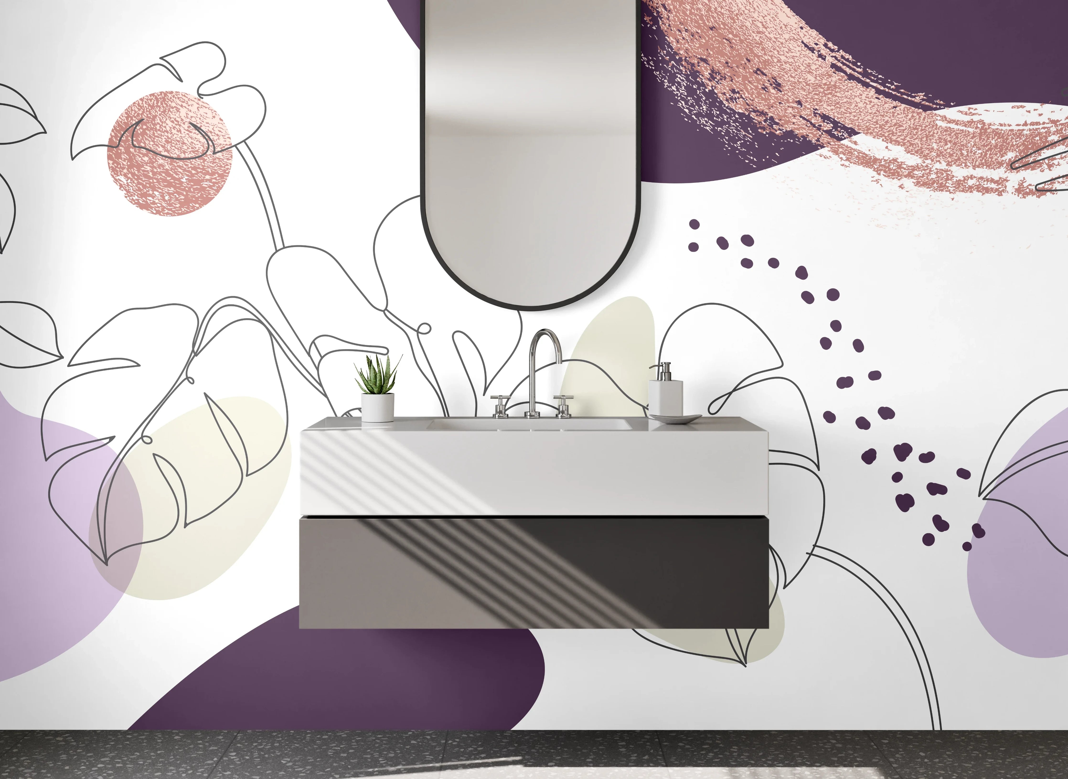 Waschbecken-Rückwand - Abstrakte Lineart Pflanzen Lila Beige
