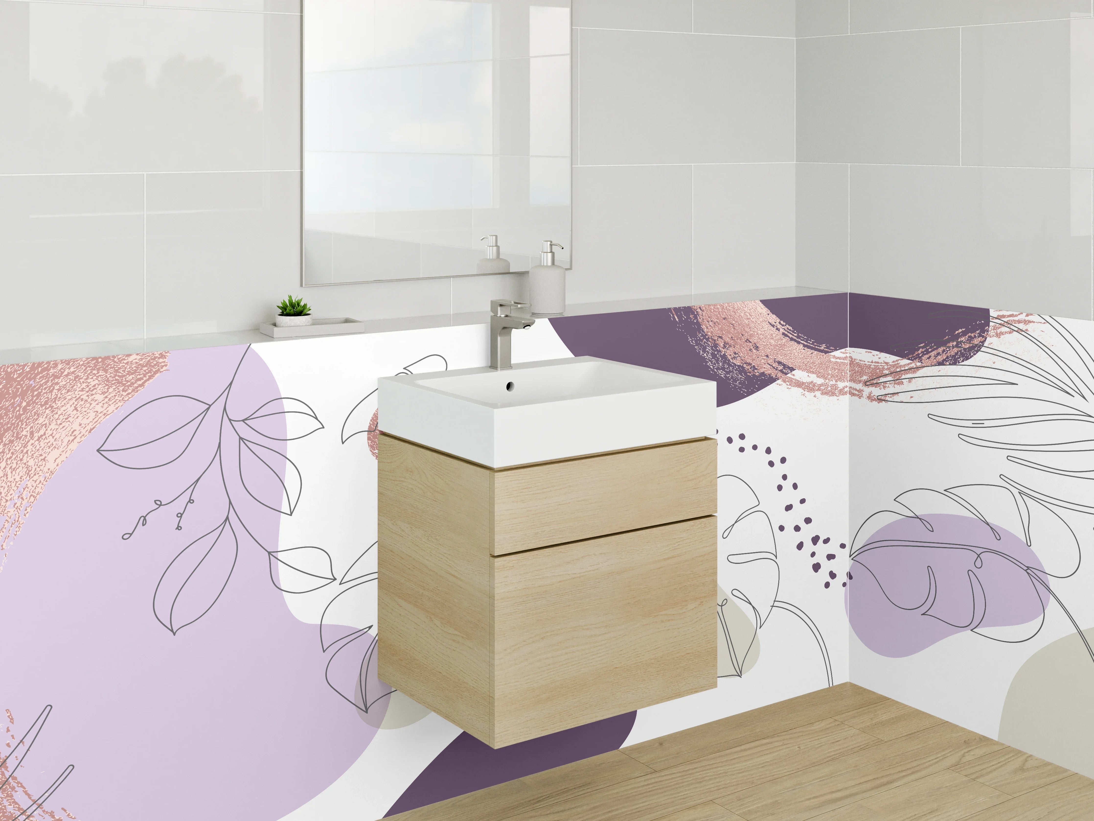 Waschbecken-Rückwand - Abstrakte Lineart Pflanzen Lila Beige