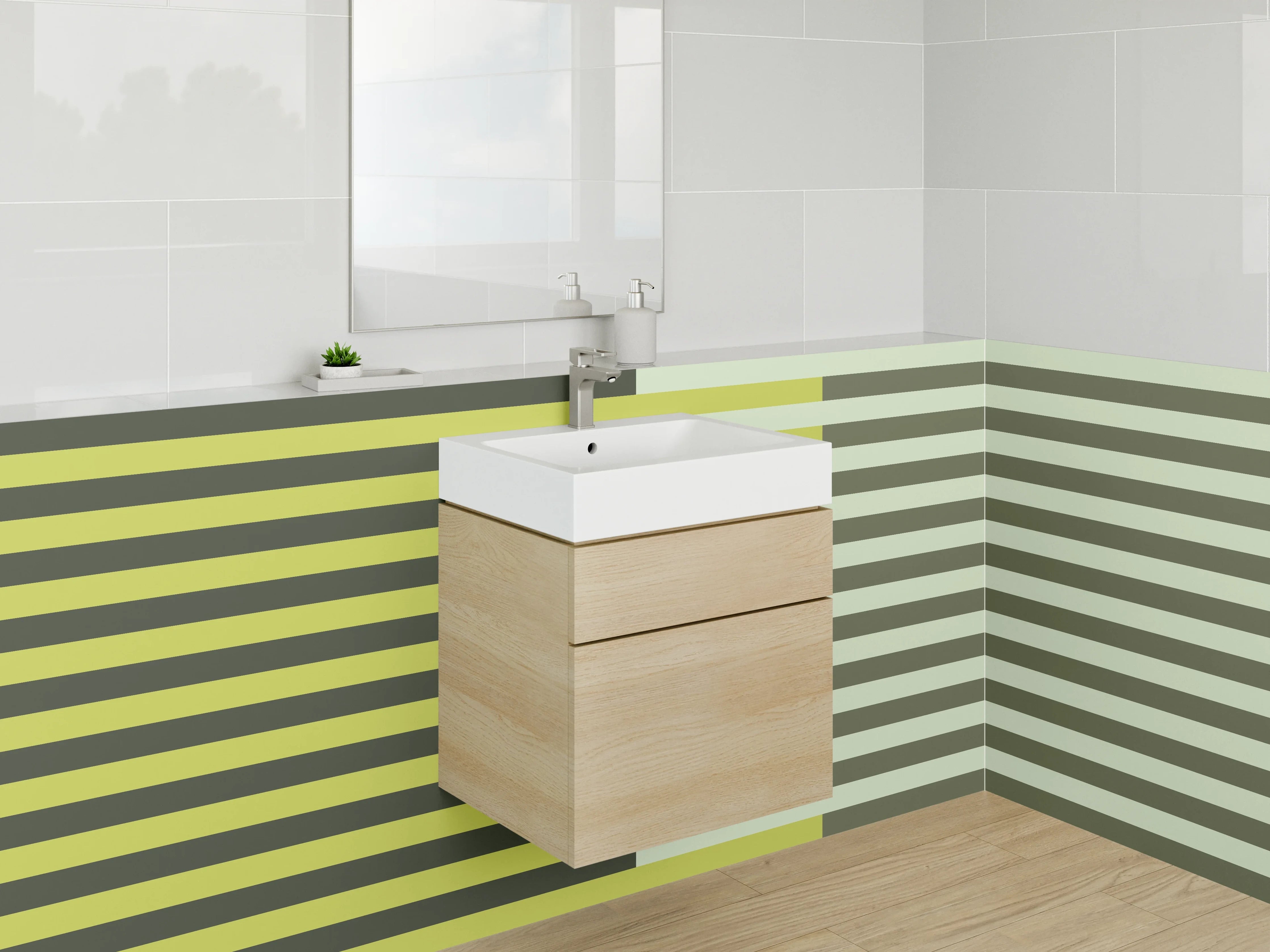 Waschbecken-Rückwand - Abstrakte Linien in Grün-Grau