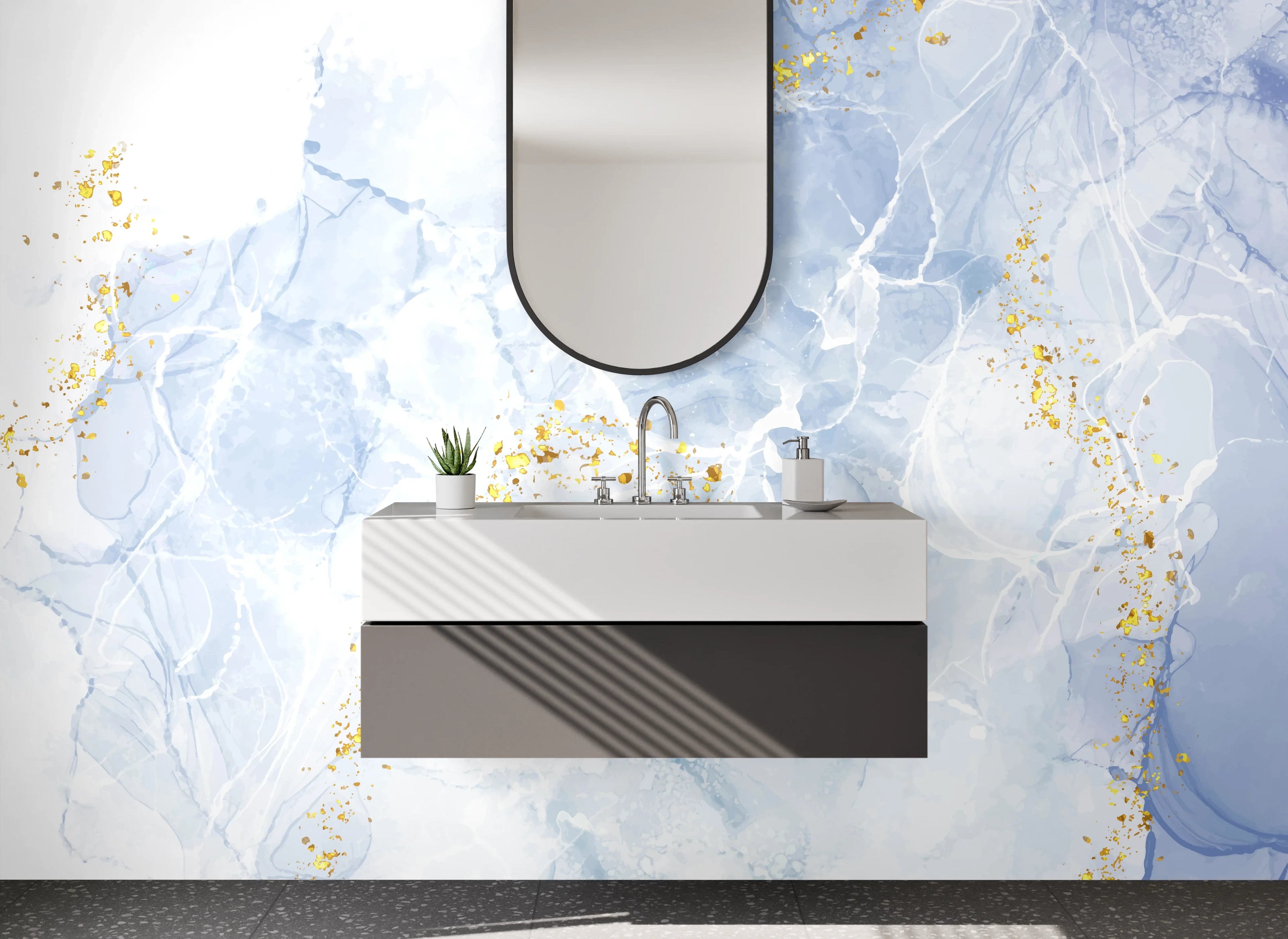 Waschbecken-Rückwand - Abstrakte Marmor Aquarell Optik Blau Weiß