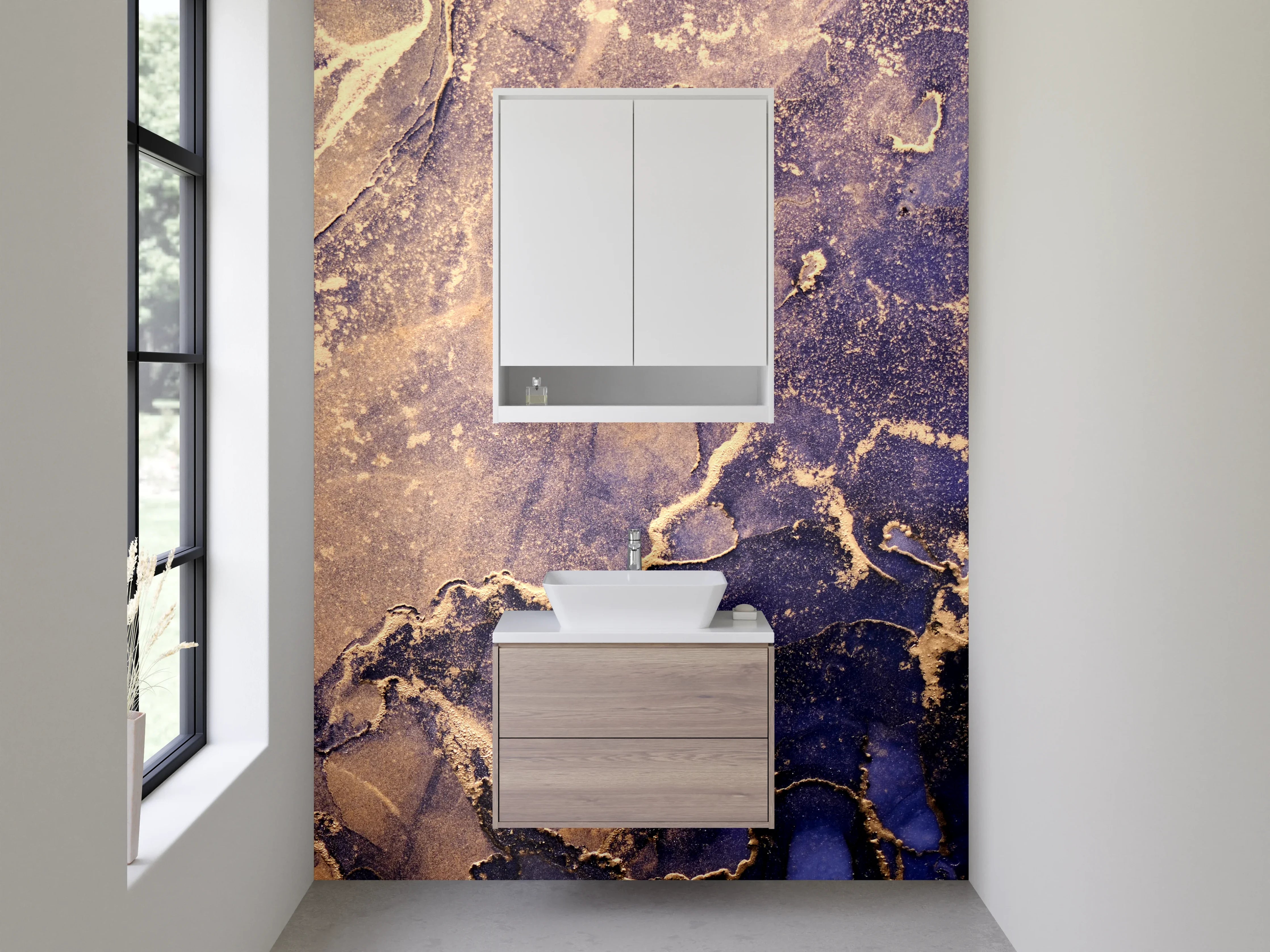 Waschbecken-Rückwand - Abstrakte Marmor-Gold Blau Lila Kunst