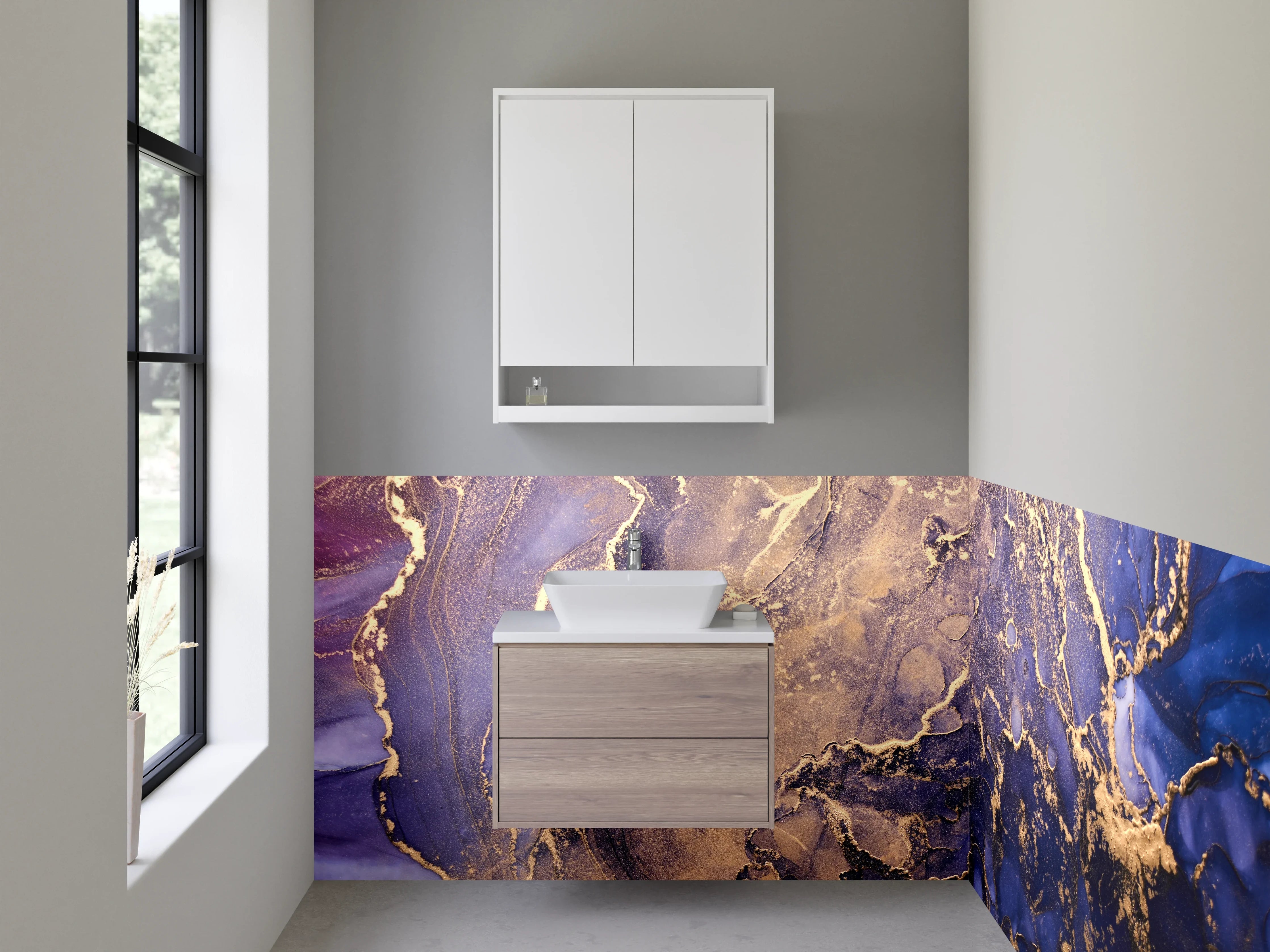 Waschbecken-Rückwand - Abstrakte Marmor-Gold Blau Lila Kunst