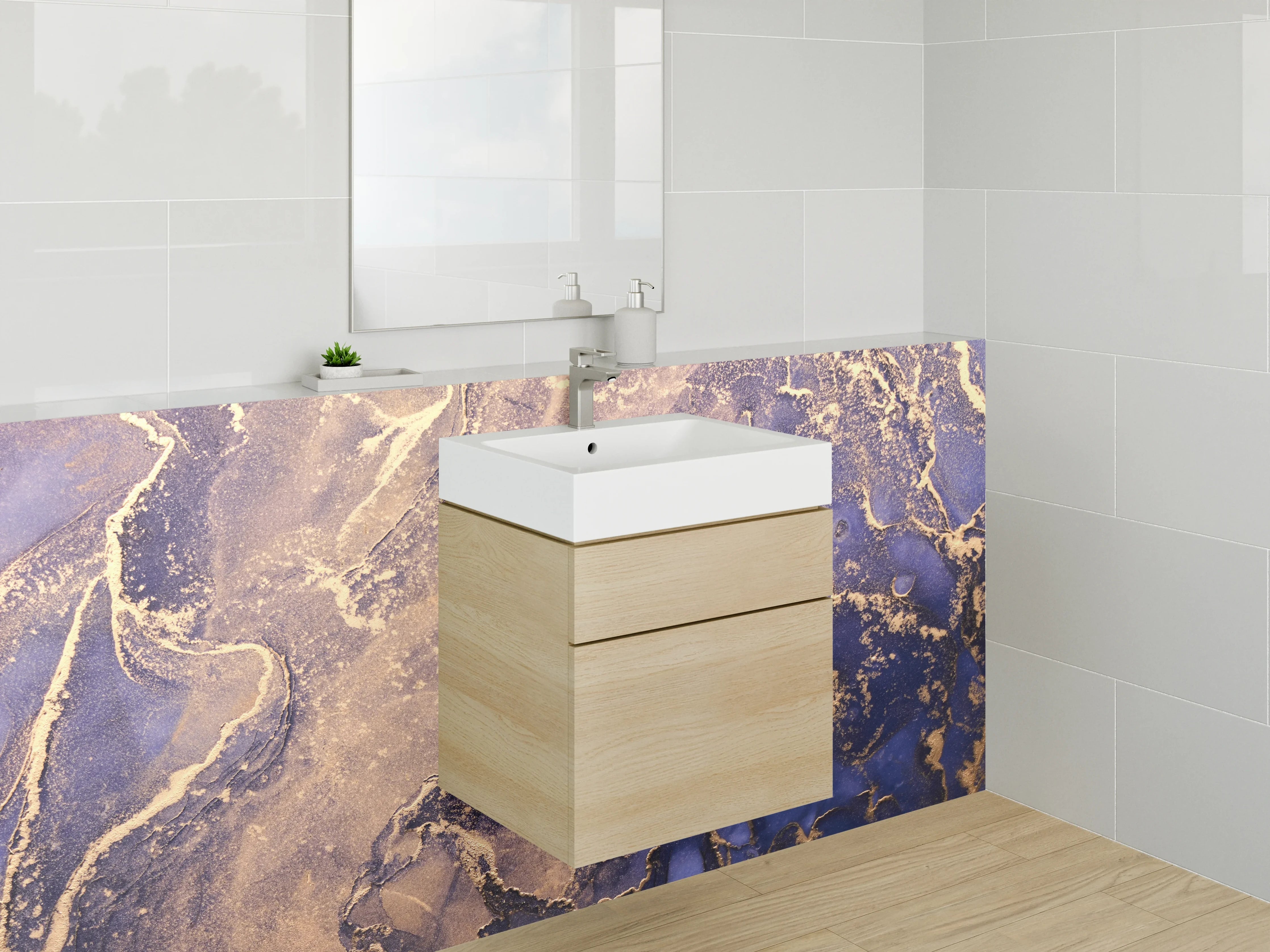 Waschbecken-Rückwand - Abstrakte Marmor-Gold Blau Lila Kunst