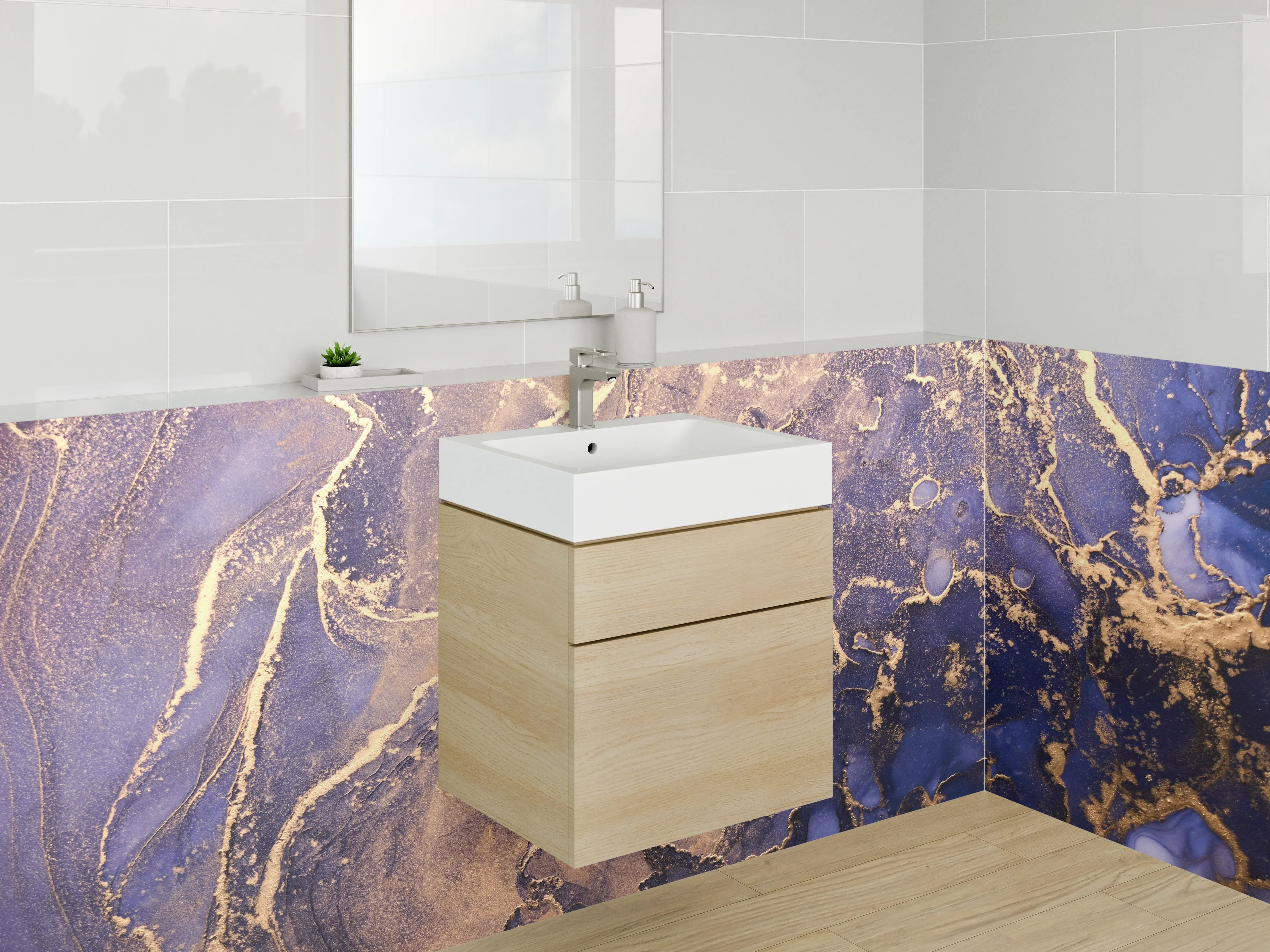 Waschbecken-Rückwand - Abstrakte Marmor-Gold Blau Lila Kunst