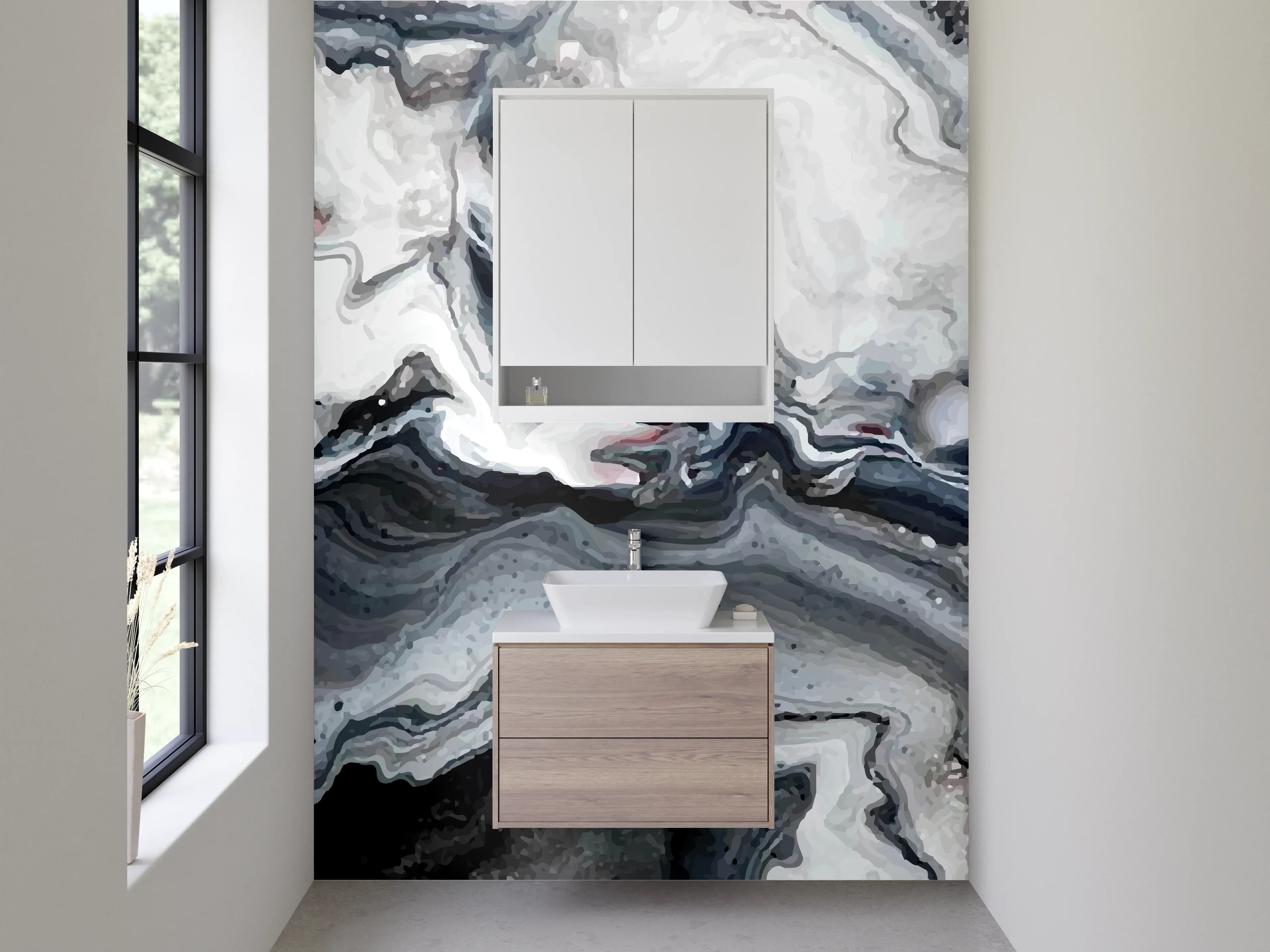 Waschbecken-Rückwand - Abstrakte Marmor-Optik Schwarz-Weiß Grau
