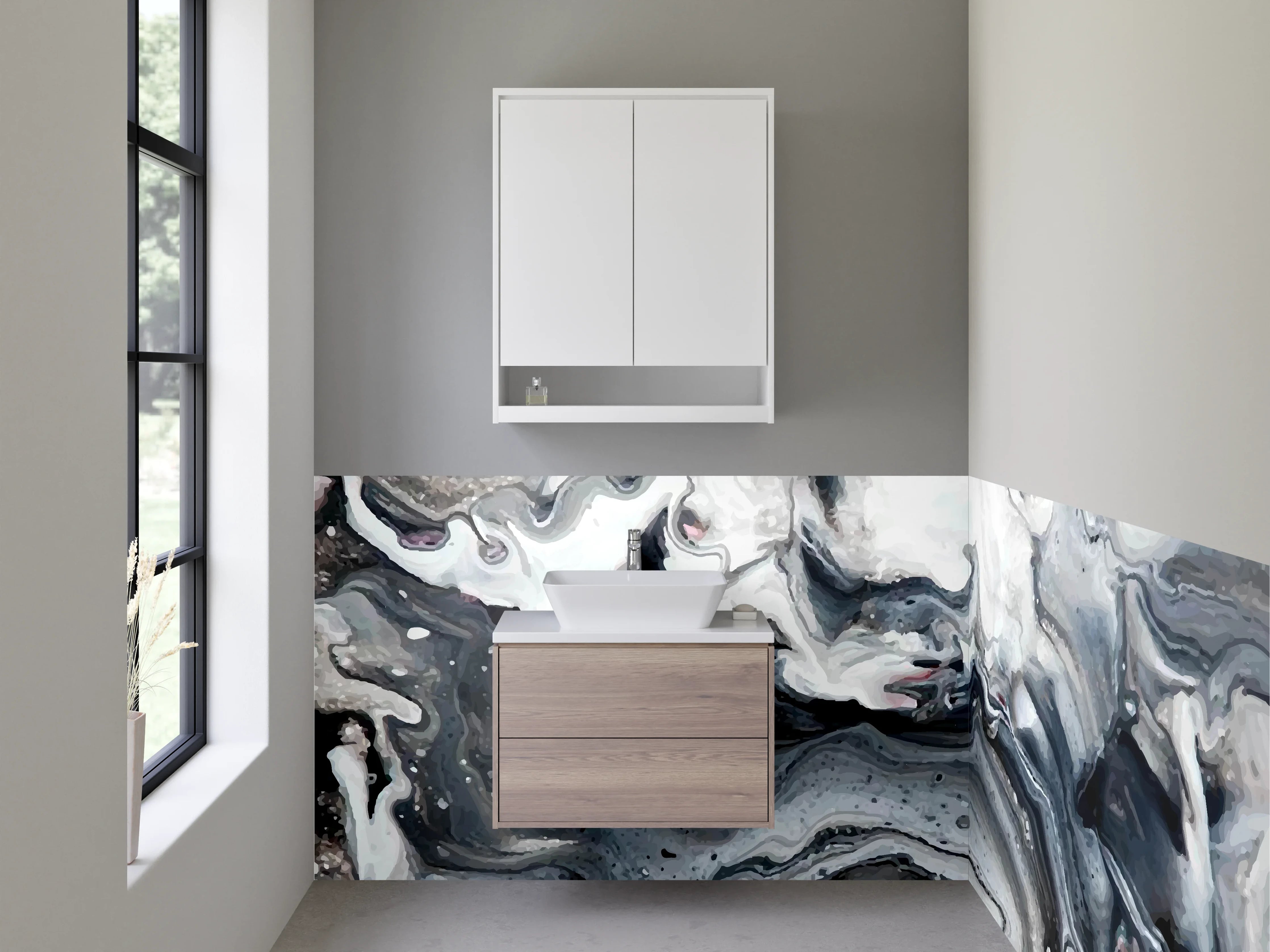 Waschbecken-Rückwand - Abstrakte Marmor-Optik Schwarz-Weiß Grau