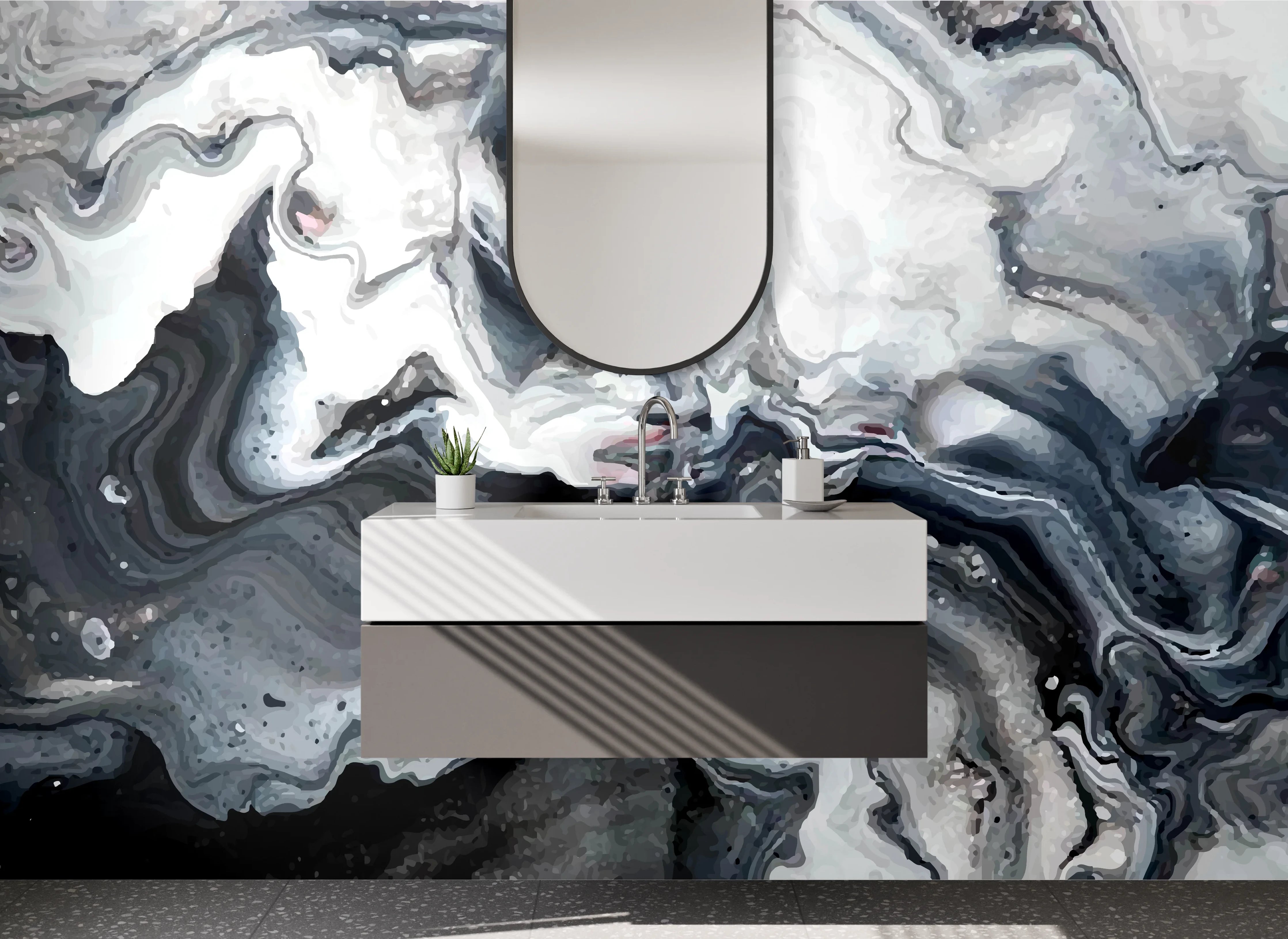 Waschbecken-Rückwand - Abstrakte Marmor-Optik Schwarz-Weiß Grau