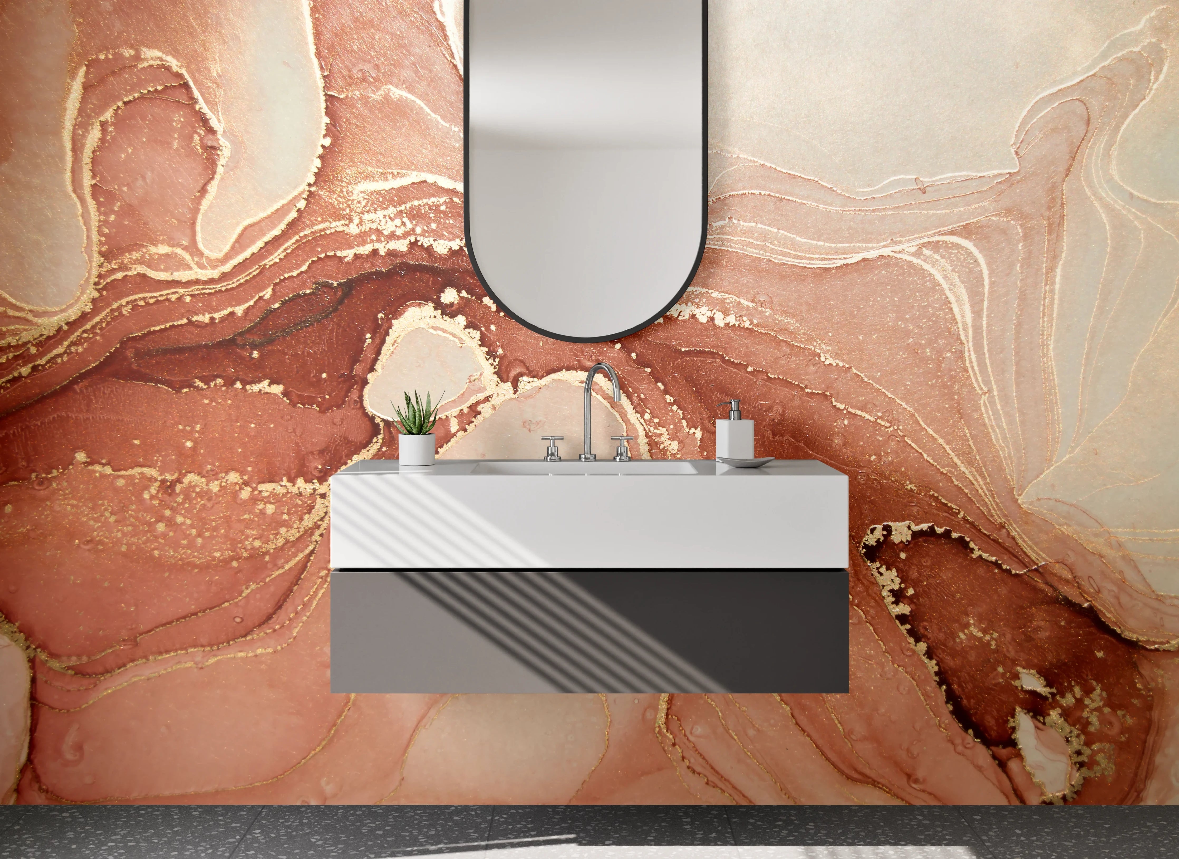 Waschbecken-Rückwand - Abstrakte Marmor-Optik in Rosa Beige