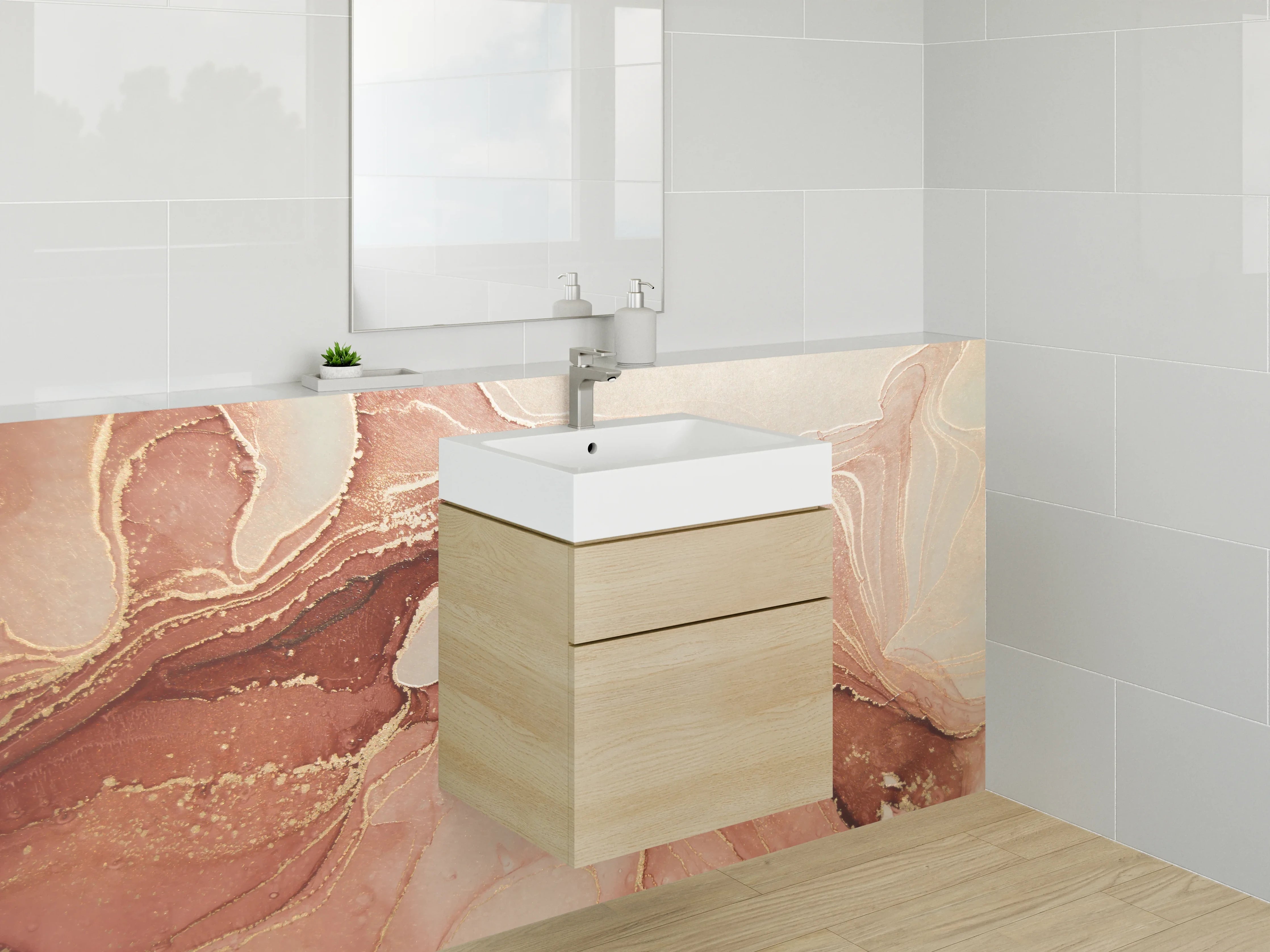 Waschbecken-Rückwand - Abstrakte Marmor-Optik in Rosa Beige