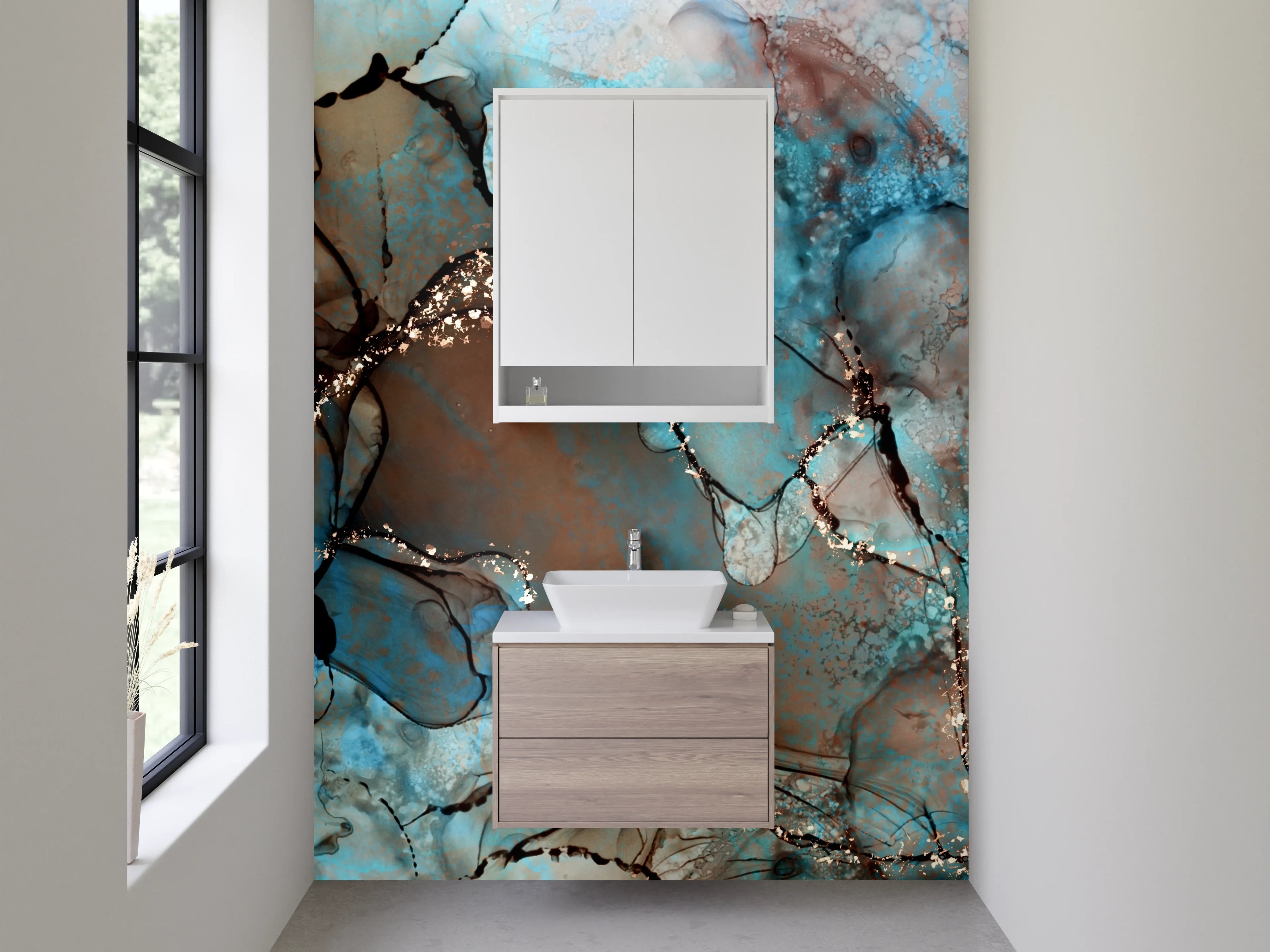 Waschbecken-Rückwand - Abstrakte Marmoroptik Blau Braun Gold
