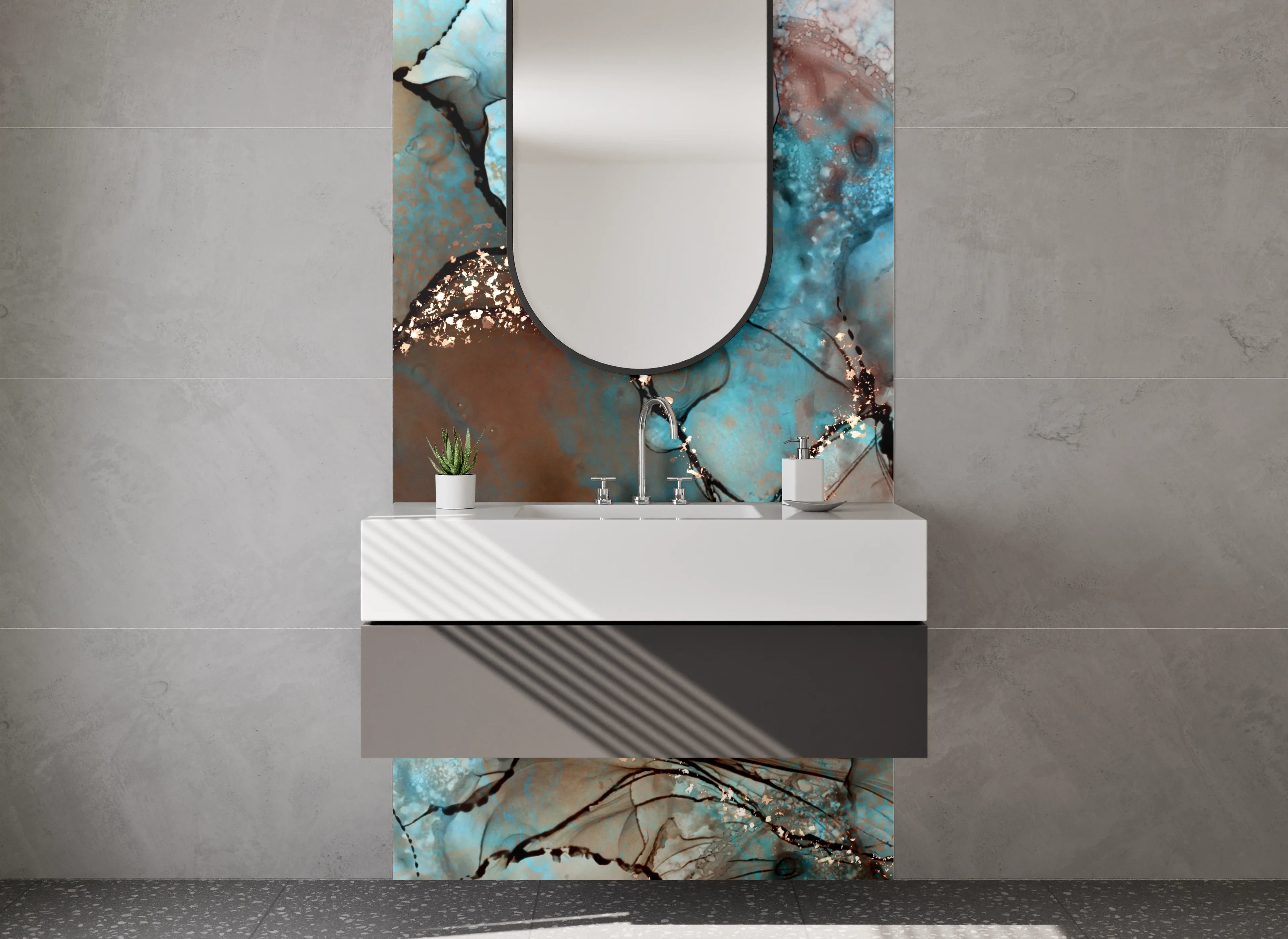 Waschbecken-Rückwand - Abstrakte Marmoroptik Blau Braun Gold