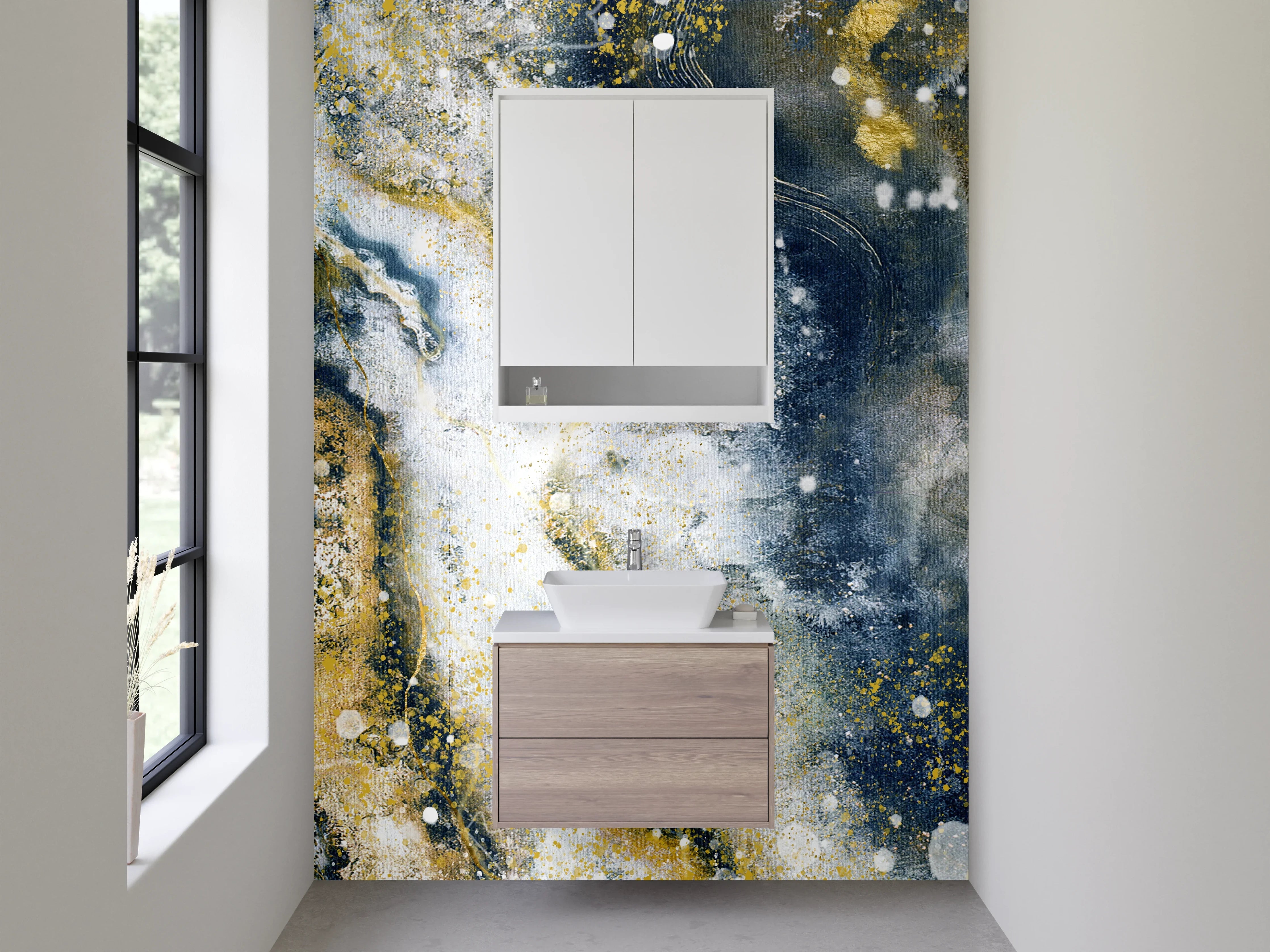 Waschbecken-Rückwand - Abstrakte Marmoroptik Gold Blau Weiß