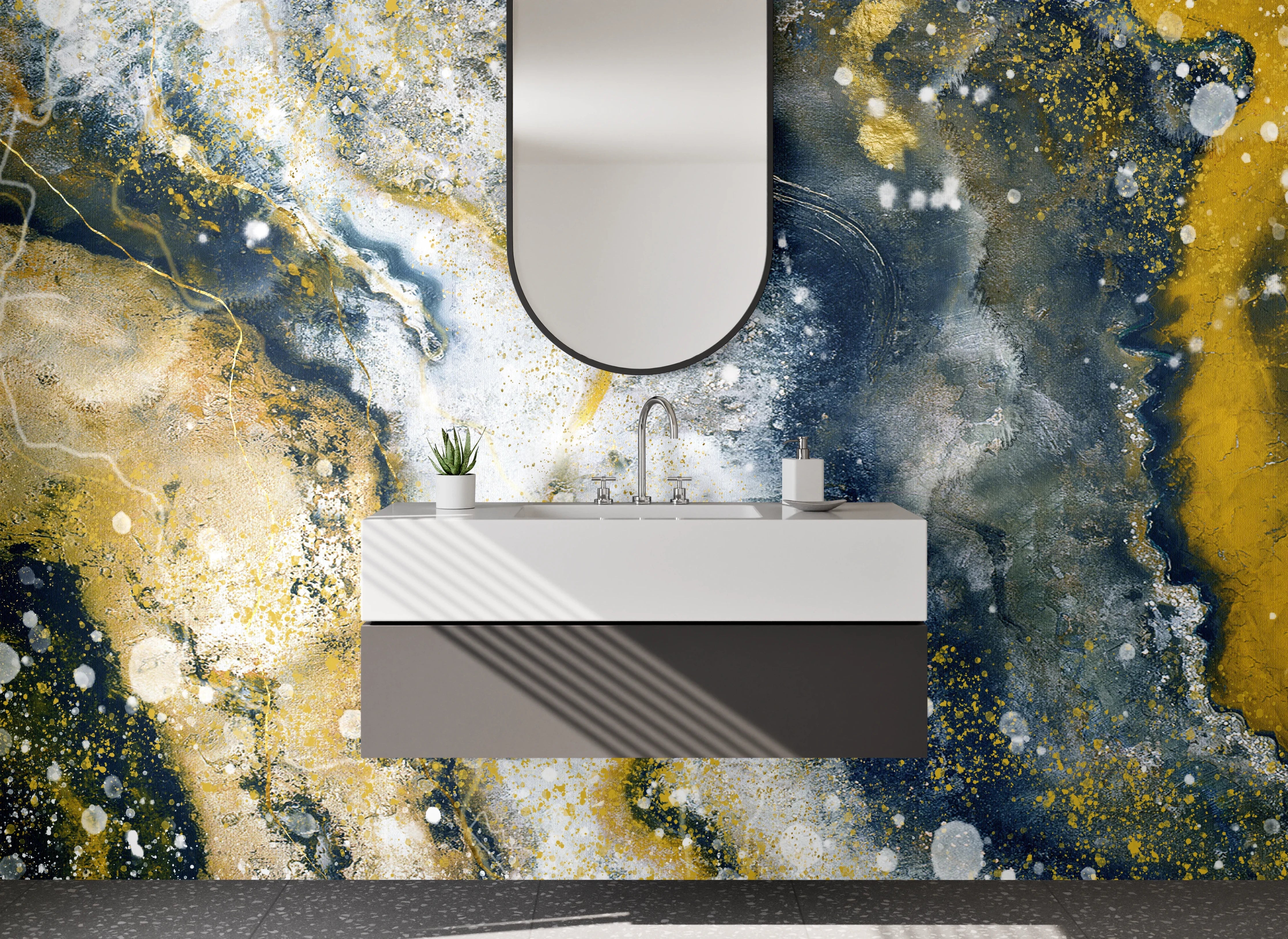 Waschbecken-Rückwand - Abstrakte Marmoroptik Gold Blau Weiß