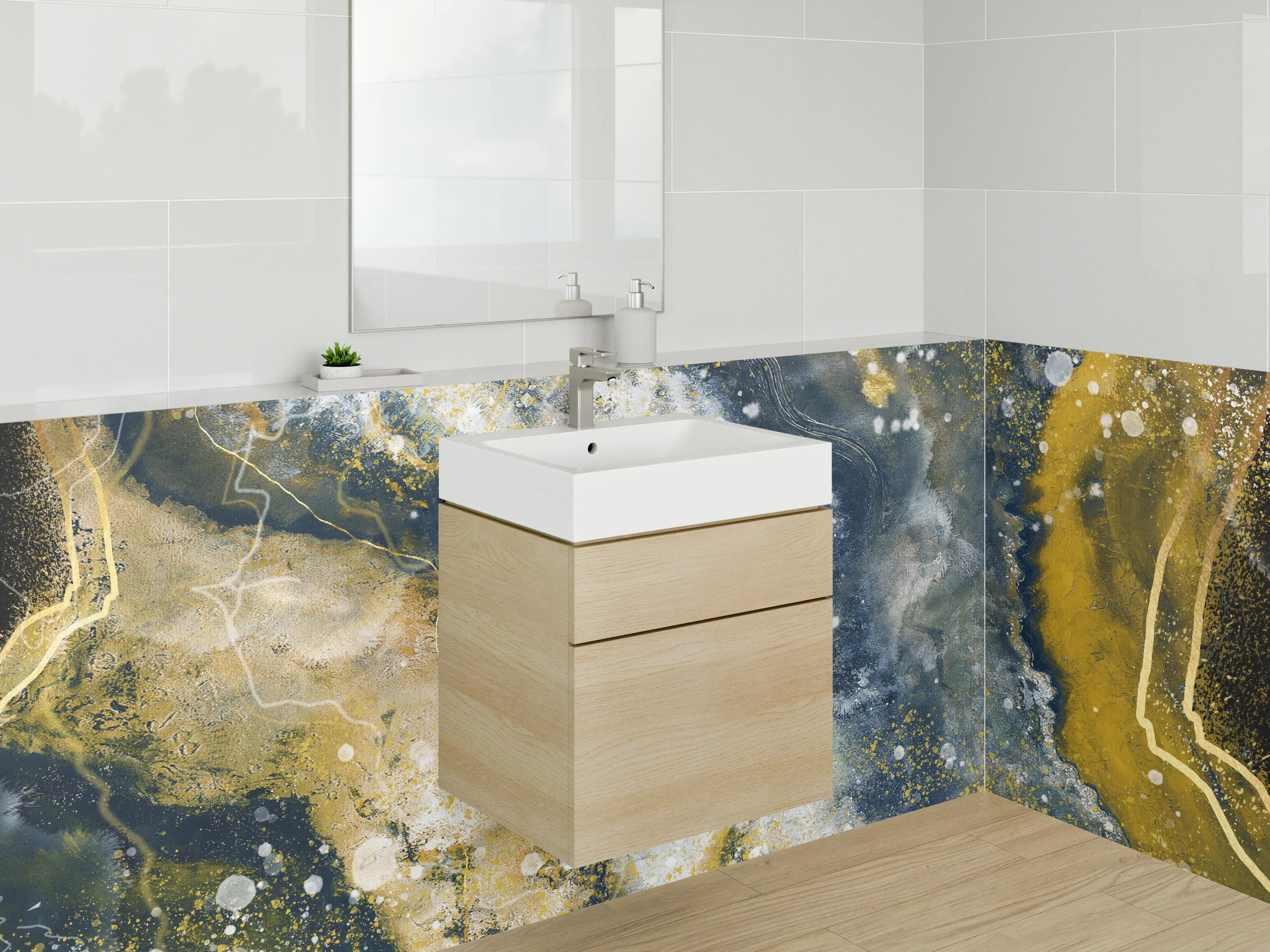 Waschbecken-Rückwand - Abstrakte Marmoroptik Gold Blau Weiß