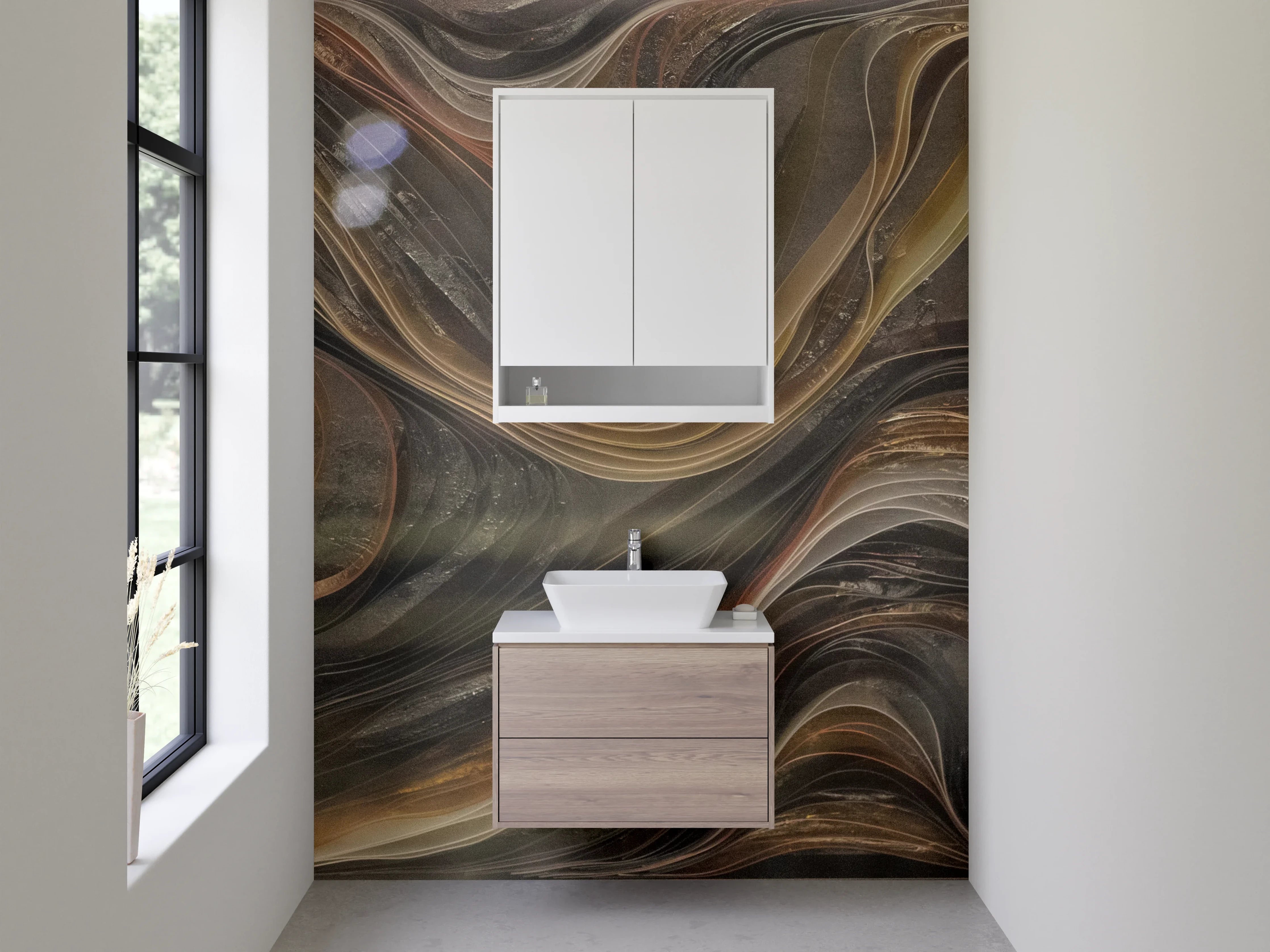 Waschbecken-Rückwand - Abstrakte Marmoroptik in Braun und Gold